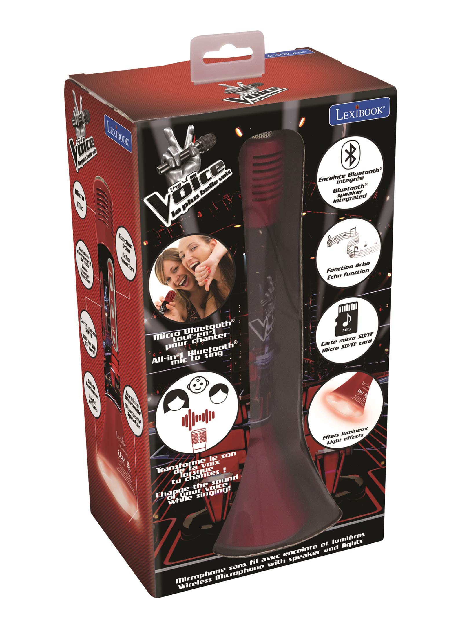 Lexibook, The Voice, Karaoké Micro Star Bluetooth® con Funzione di Cambio Voce, Microfono per cantare, Altoparlante Luminoso Integrato 3W, Slot per Micro SD, Rosso/Nero, MIC210TV