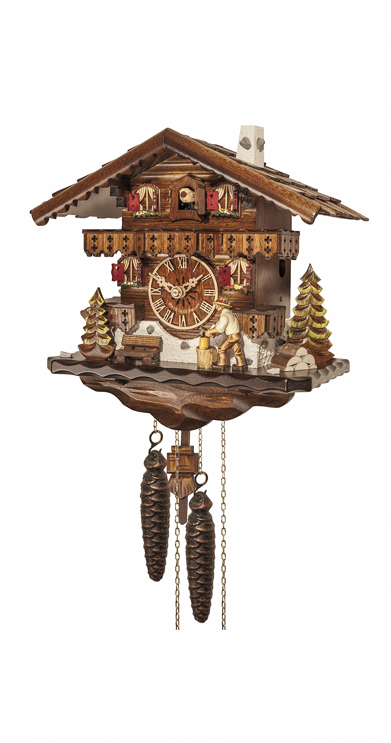Engstler Cuckoo Clock Black Forest house with moving wood chopper EN 4581