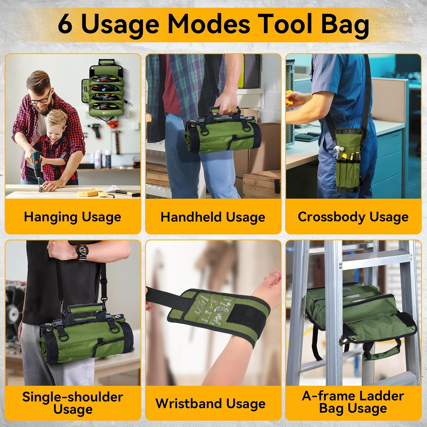 Roll Up Tool Bag Organizer 10 Pocket Tool Roll Heavy Duty Electrician Tool Bag for Men Dad Handyman Magnetic Wristband Mechanic Tool Storage Bag Rollup Pouch Car Tool Carrier Plumber Gadget Bag Green