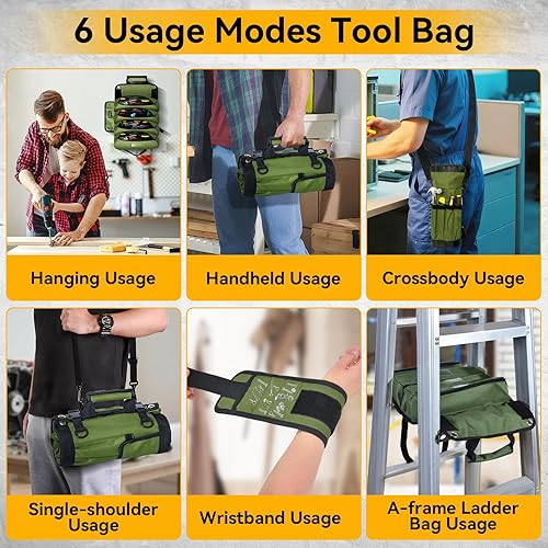 Miniatura 3 de Bolsa organizadora de herramientas enrollable, rollo de herramientas de 10 bolsillos, bolsa de herramientas de electricista resistente para hombres,