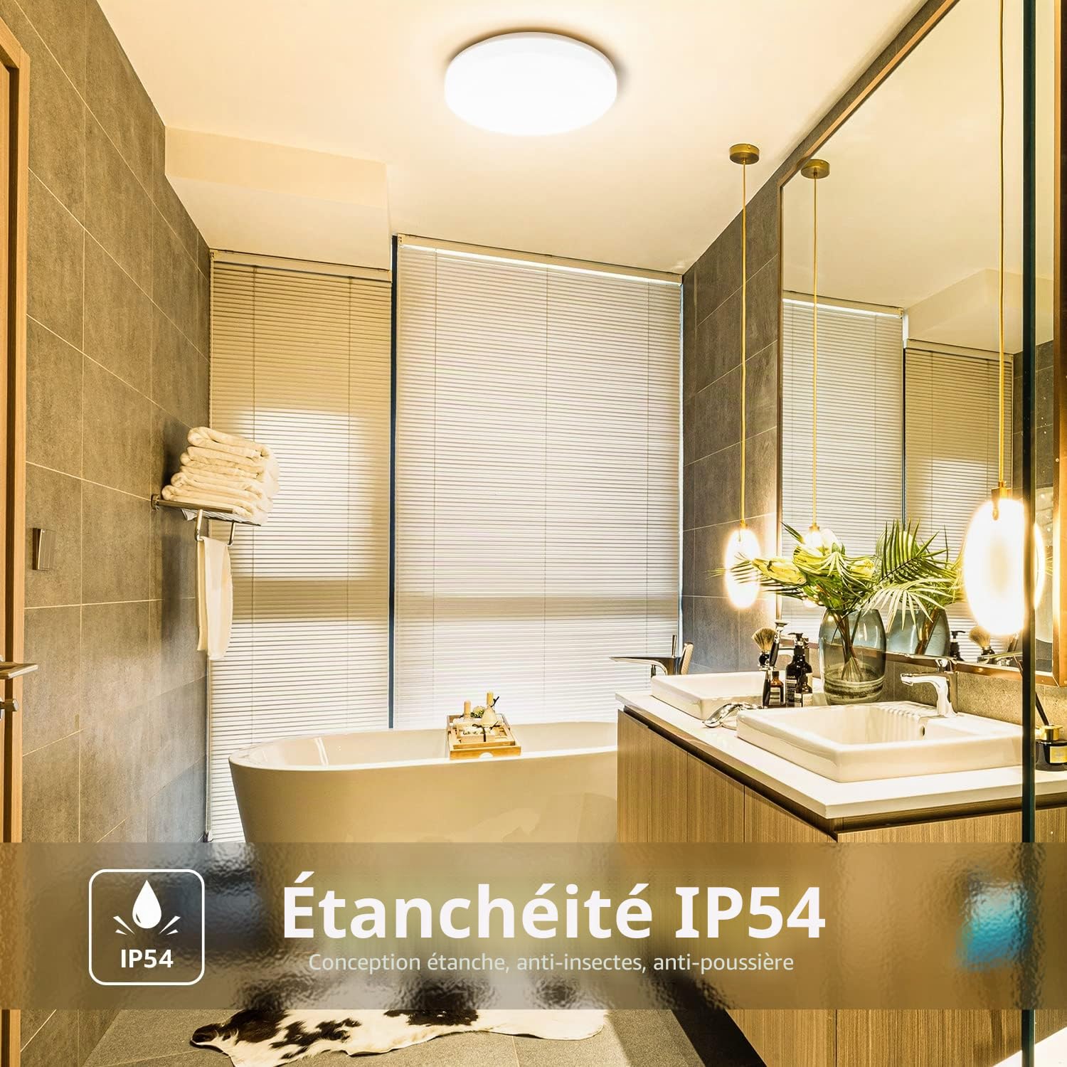 Lepro Plafonnier LED 15 W IP54 étanche 3000 K 1500 lm Lampe de salle de bain ronde Idéal pour salle de bain, chambre à coucher, couloir, cuisine, salon, balcon, blanc chaud, Ø 22 cm