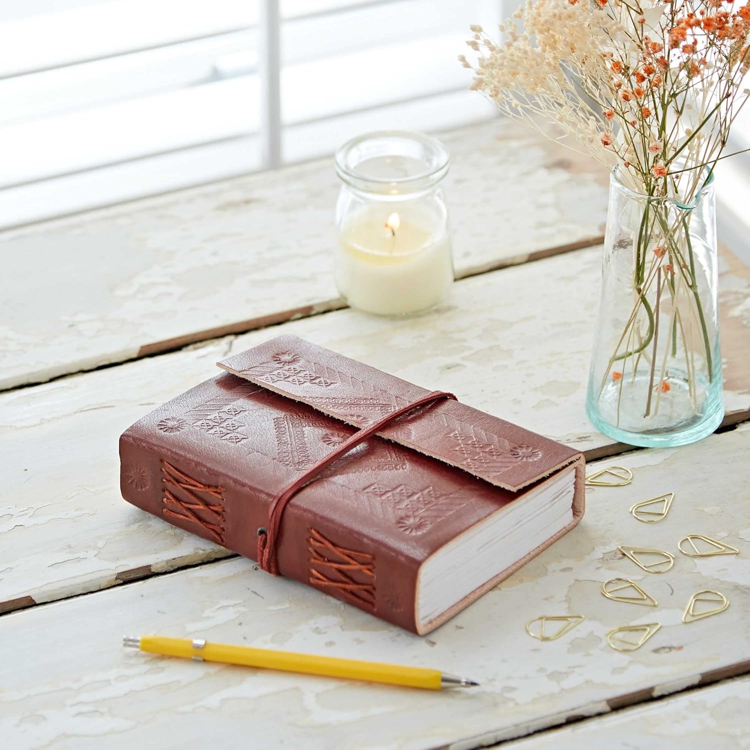 Paper High Leather Journal Notebook Medium Embossed 110 x 165mm      Leather Bound