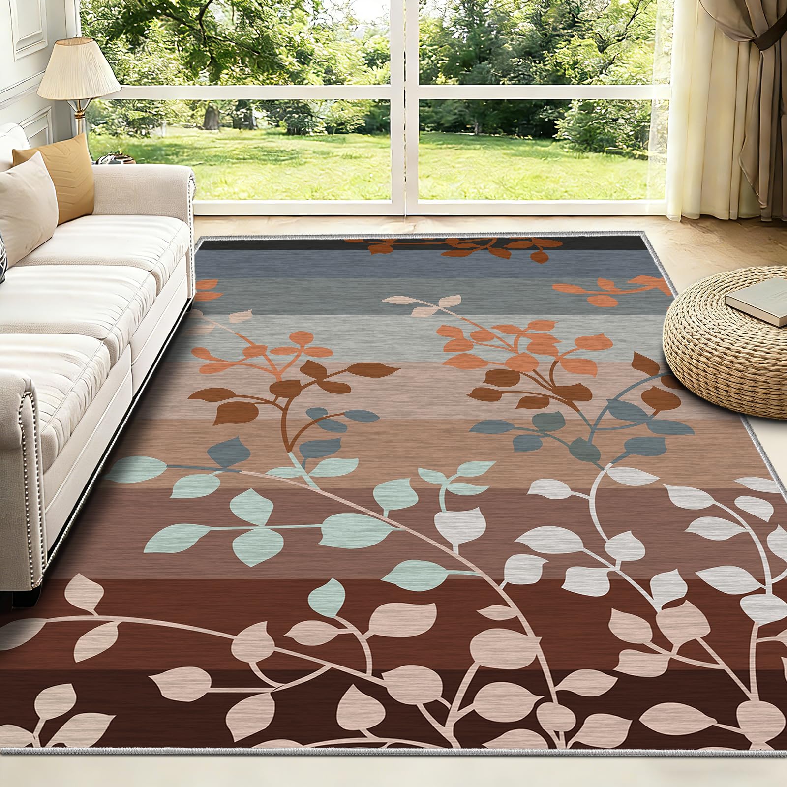 FTCJWL Machine Washable Rug, Vintage Earth Tone Brown Leaf Area Rug, Warm Autumn Fall Foliage Short-Pile Carpet, Non-Slip Botanical Rug for Home Office Lounge (140x200cm) — image 1
