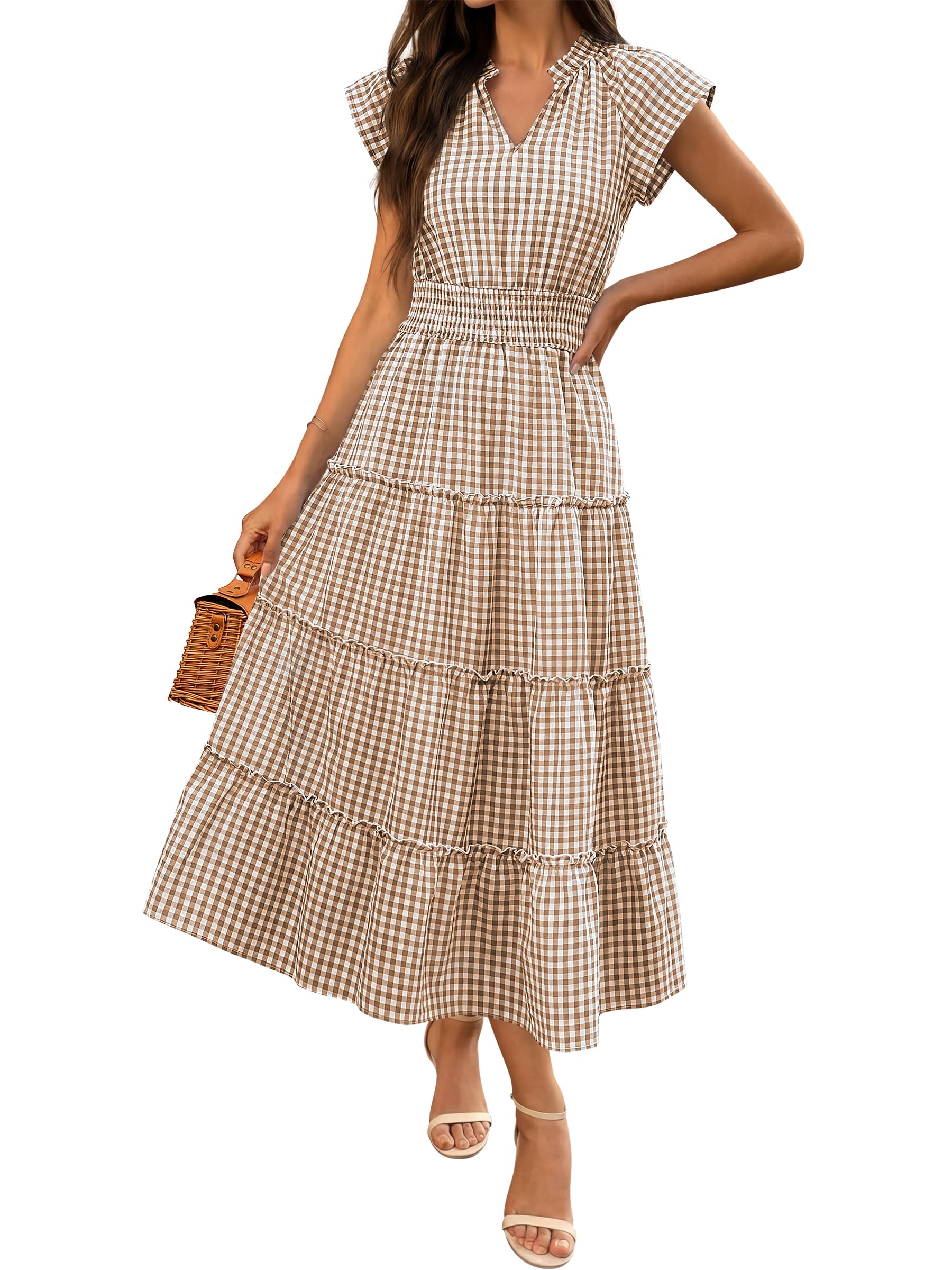 Caracilia Womens Summer Maxi Dresses Casual V Neck Cap Sleeve Gingham Striped Dress Flowy Tiered Beach Vacation Midi Sundress