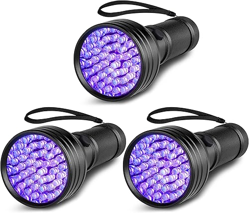 FOLKSMATE Paquete de 3 linternas UV de luz negra, 51 LED de 395 nm, linterna ultravioleta negra, luz detectora de orina de mascotas para orina de