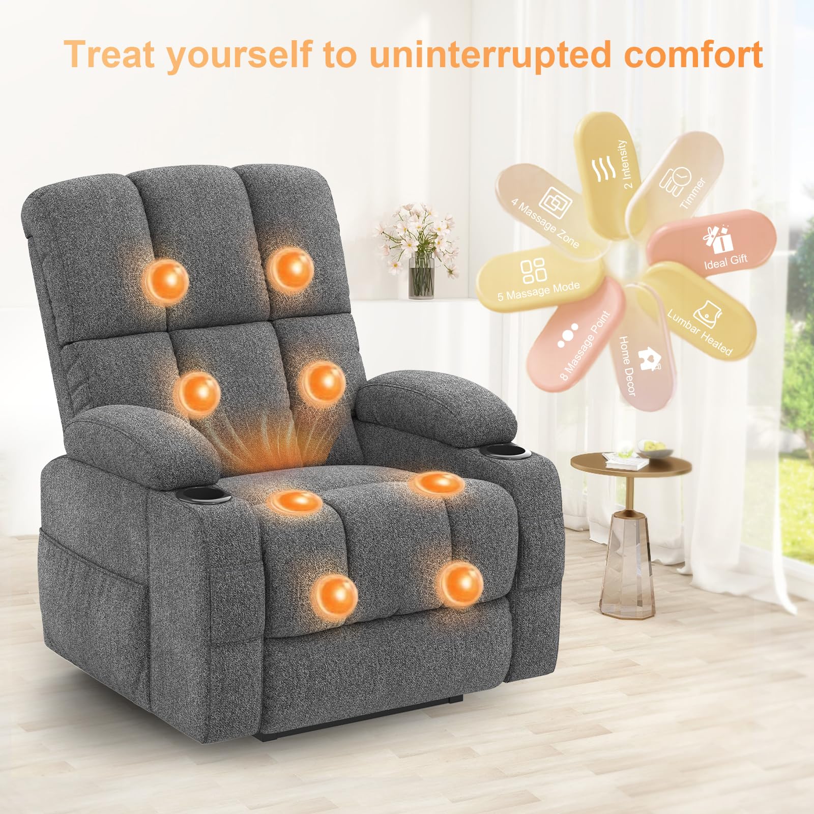 Massagesessel mit Aufstehhilfe, Relaxsessel & Fernsehsessel mit Massage- und Heizfunktion, USB + Typ-C Ladeanschlüsse, 4 Aufbewahrungstaschen & 2 Getränkehaltern, elektrischer Liegesessel für Wohnzimm