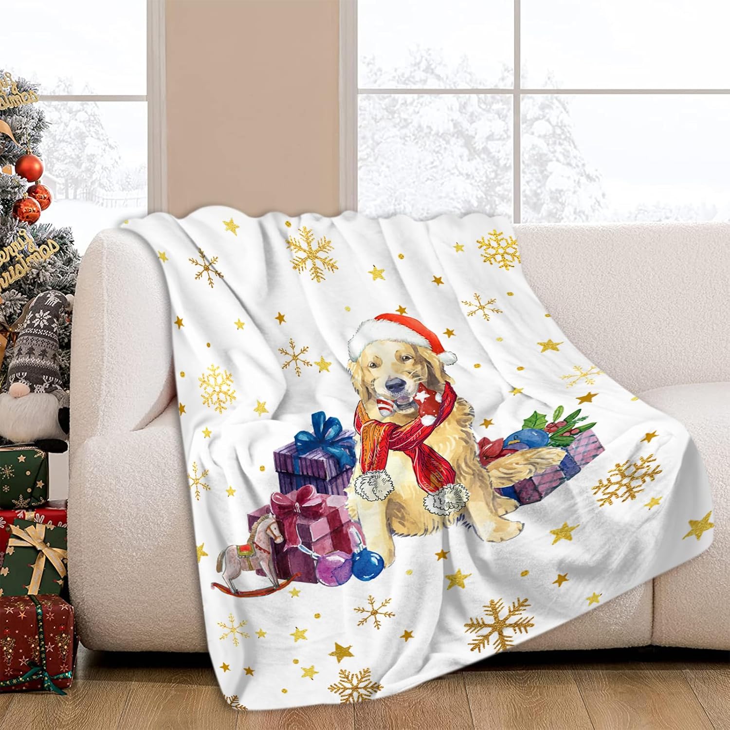 JOOCAR Christmas Golden Retriever Throw Blanket Funny Dog Blanket Winter Festival Gift Cozy Soft Lightweight Flannel Plush Blankets for Bed Couch Living Room Sofa Chair,60x80 Inch