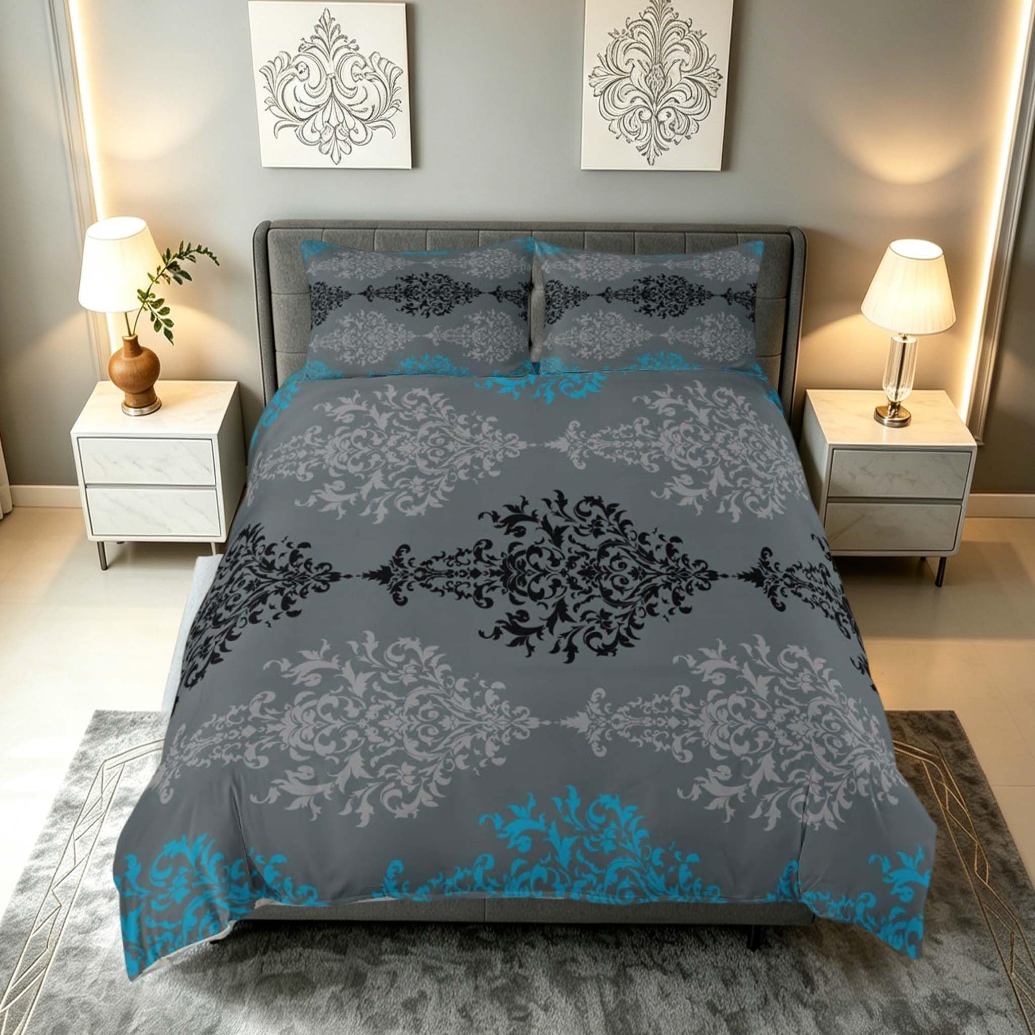 Loussiesd Cyan Grey Floral Damask Duvet Cover Set Super King Size for Kids Boys Girls Empire Damask Bedding Set Gothic Antique Victorian Duvet Cover with 1 Pillowcase Vintage Boho Bedding