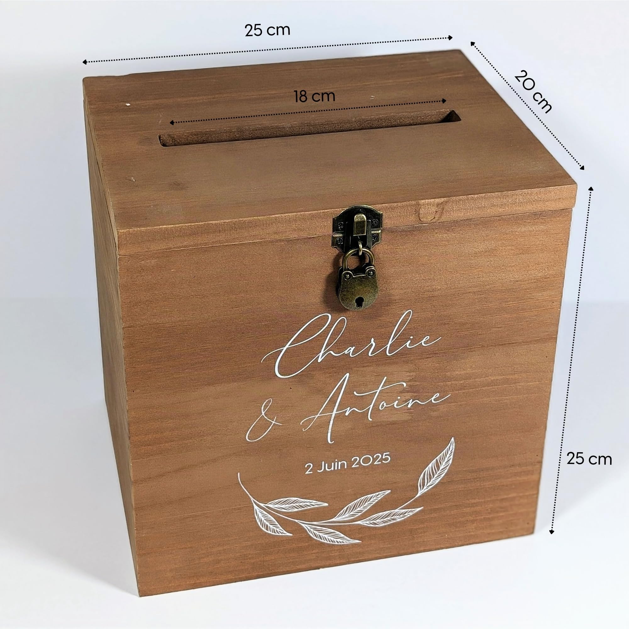 Grande urne Mariage personnalisée en Bois, avec Cadenas | 25 x 25 x 20 CM | Urne Mariage, PACS, Baby-Shower, Baptême, Communion, Anniversaire, Retraite | TE Whaka