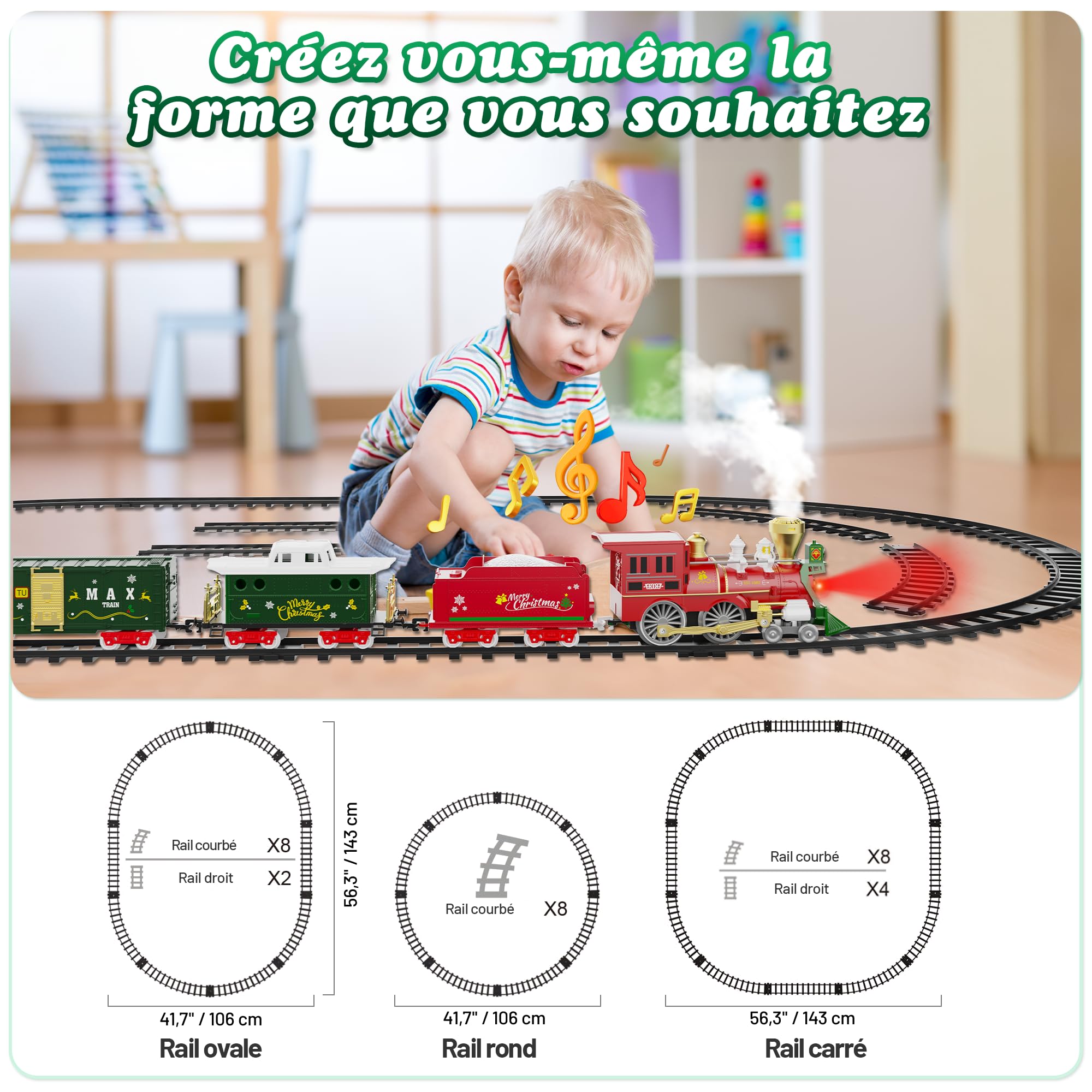 Hot Bee Train de Noel Electrique pour Sapin avec Télécommande, Petit Train Noel avec Fumée, Lumières et Sons, Enfant Cadeau Garcon 3 4 5 6 7 Ans