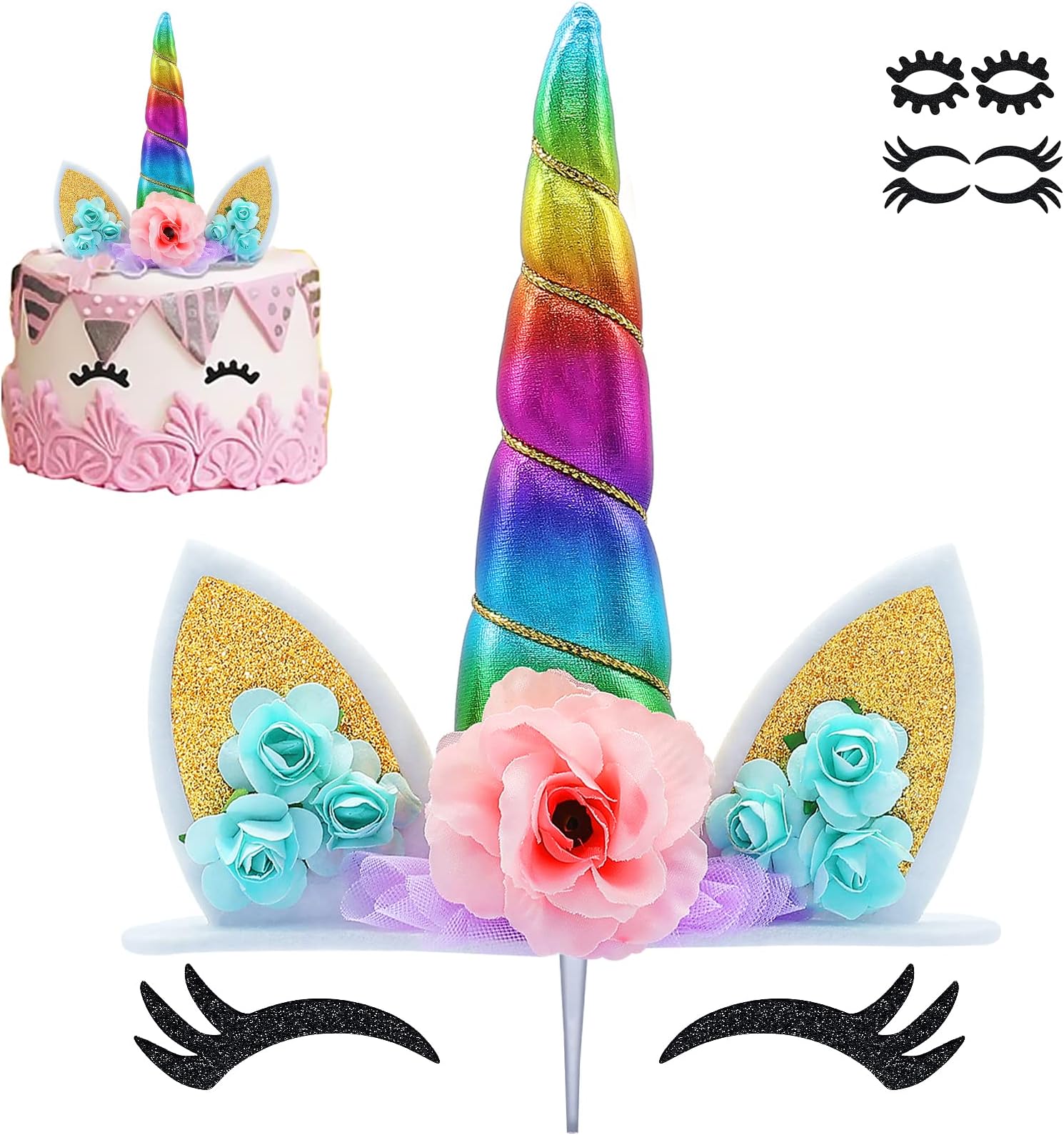 Unicorn Cake Topper Handmade Rainbow Horn Unicorn Cake Topper Happy Birthday Party Decoration Supplies Magic Reusable Cake Toppers with Eyelashes and Stack for Girls Kid Women, 5.8 Inch