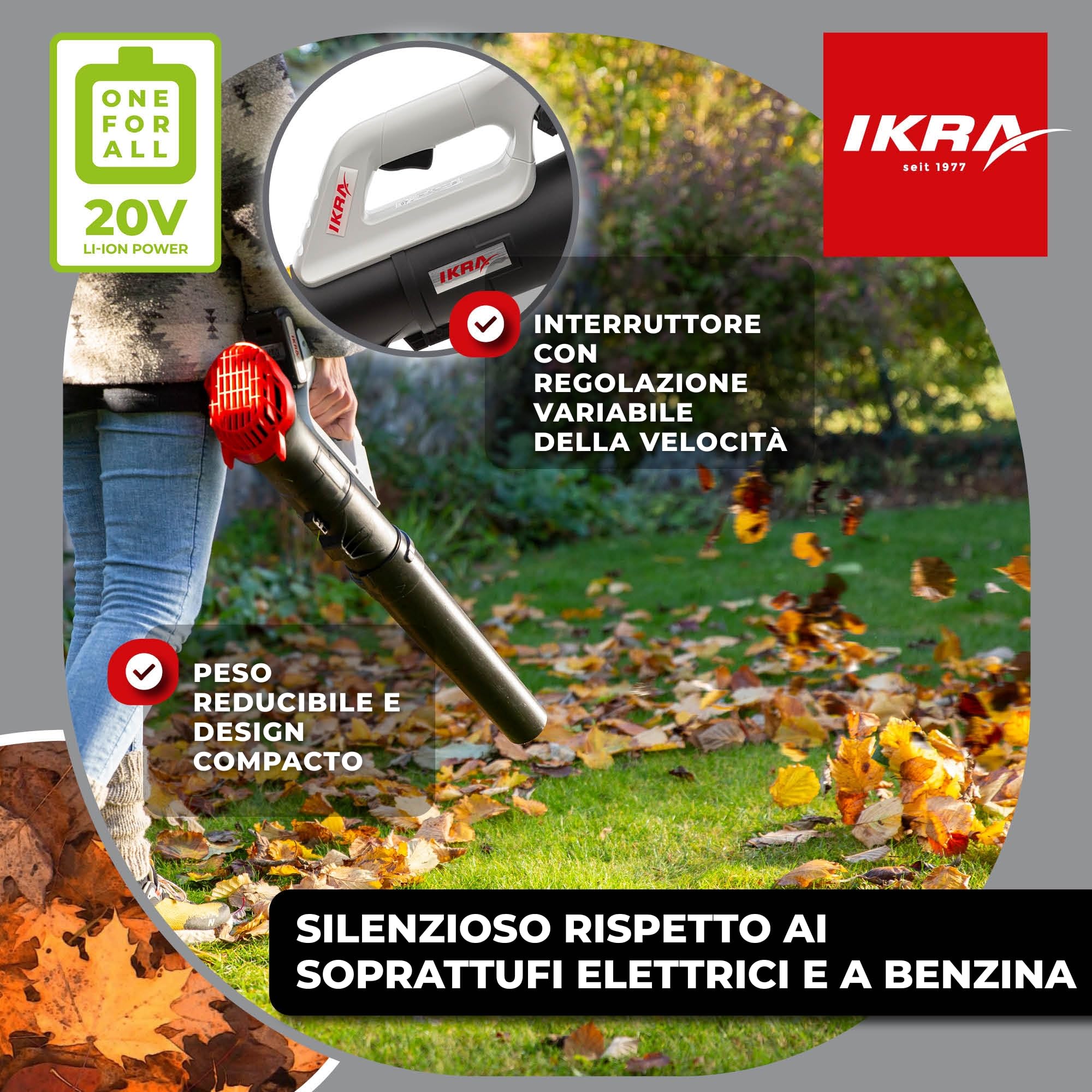IKRA soffiatore ICB 20, con batteria da 20V 2Ah e caricabatterie, 150 km/h | Il ventilatore assiale rimuove anche le foglie umide, compatto e leggero, compatibile con batterie 20 V di IKRA