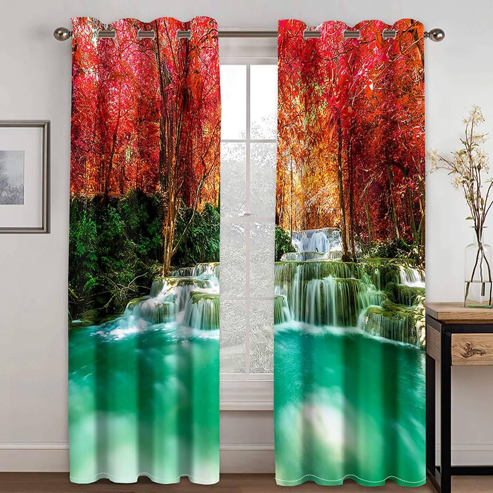 Küchenvorhänge Landhausstil, 244x214cm Orange Grün Herbstbäume und Bach Vorhang für Schlafzimmer und Wohnzimmer