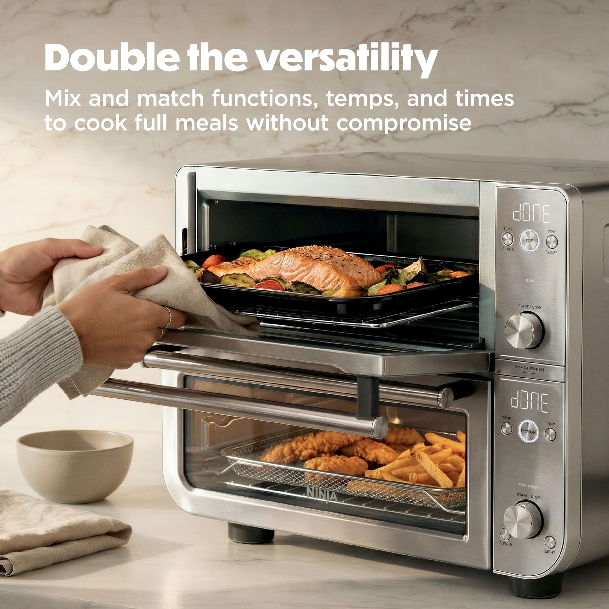 Ninja Double Oven Pro Smart XL, forno e friggitrice ad aria, versatilità 12 in 1 con lavorazione intelligente e tecnologia a doppia zona per la cottura simultanea di 2 pasti, adatta per pollo fino a