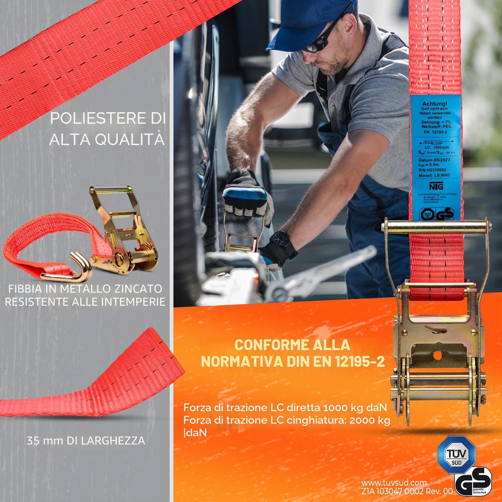 NTG 10 cinghie di tensionamento con cricchetto - ganci 2000 kg 6 metri - certificate TÜV/GS - 2 pezzi larghezza 35 mm - cinghie di fissaggio - certificate TÜV GS e conformi alla norma DIN EN 12195-2