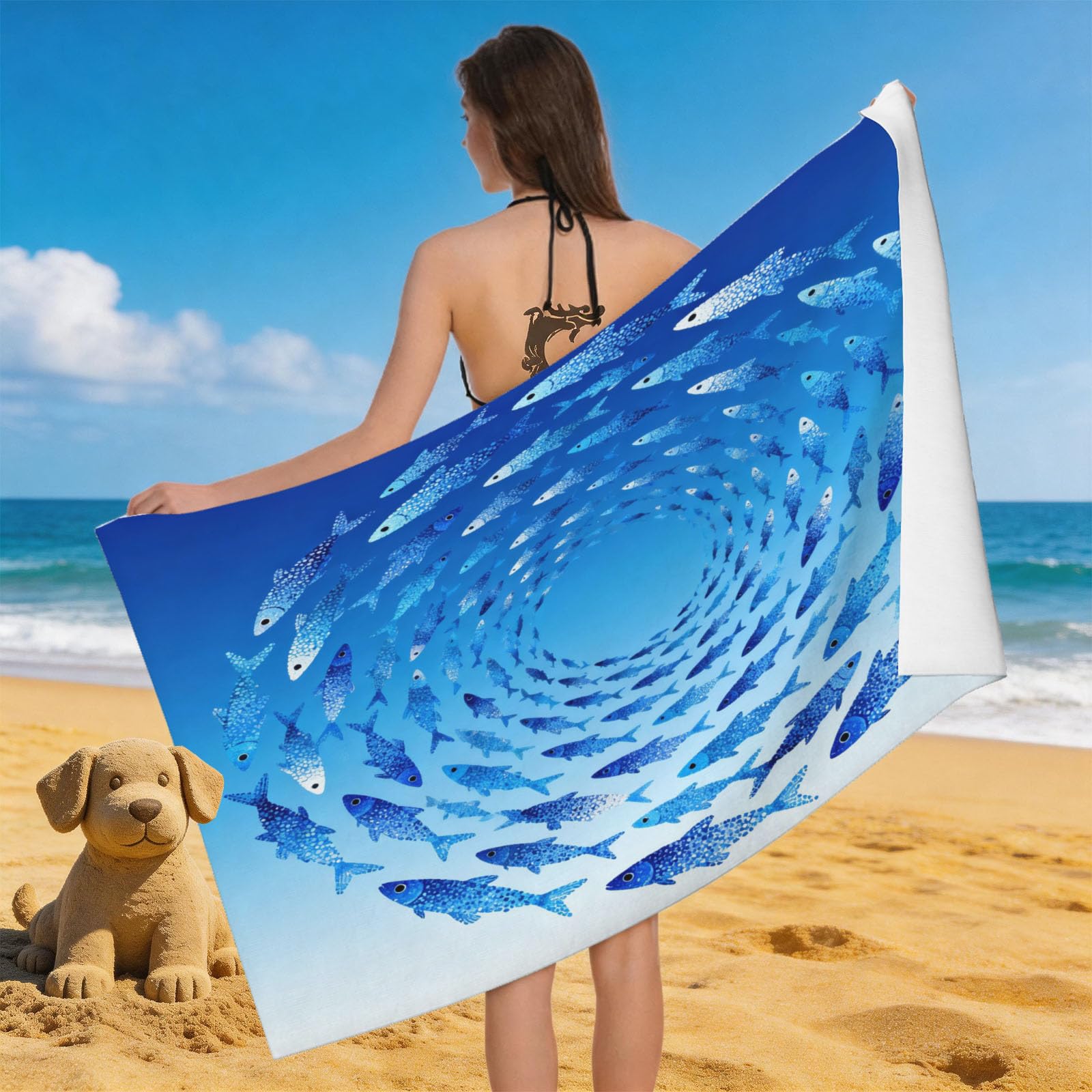 Leichong 3D Fish Beach Towel Microfiber Soft Quick Dry for Adults, Ocean Blue Bath Towel Lightweight Soft Absorbent for Travel Swimming Pool Sports, 75 x 150 cm