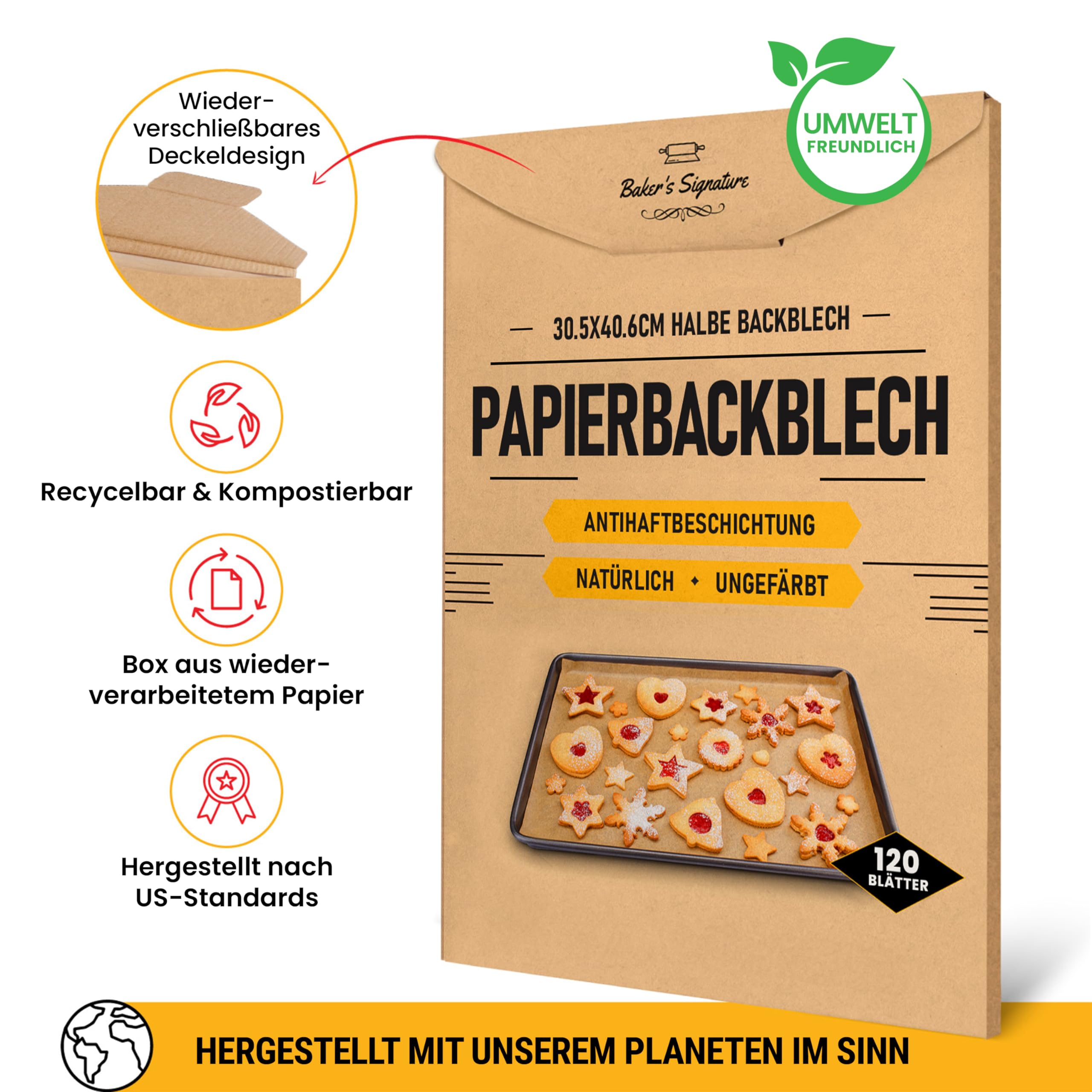 Backpapier Zuschnitte, 120 Stück Pergamentpapier zum Backen - Halbblechpfannen 30x41 cm | Butterbrotpapier Braun für Backen, Kochen & Braten - Einfache Anwendung & Reinigung von Baker's Signature