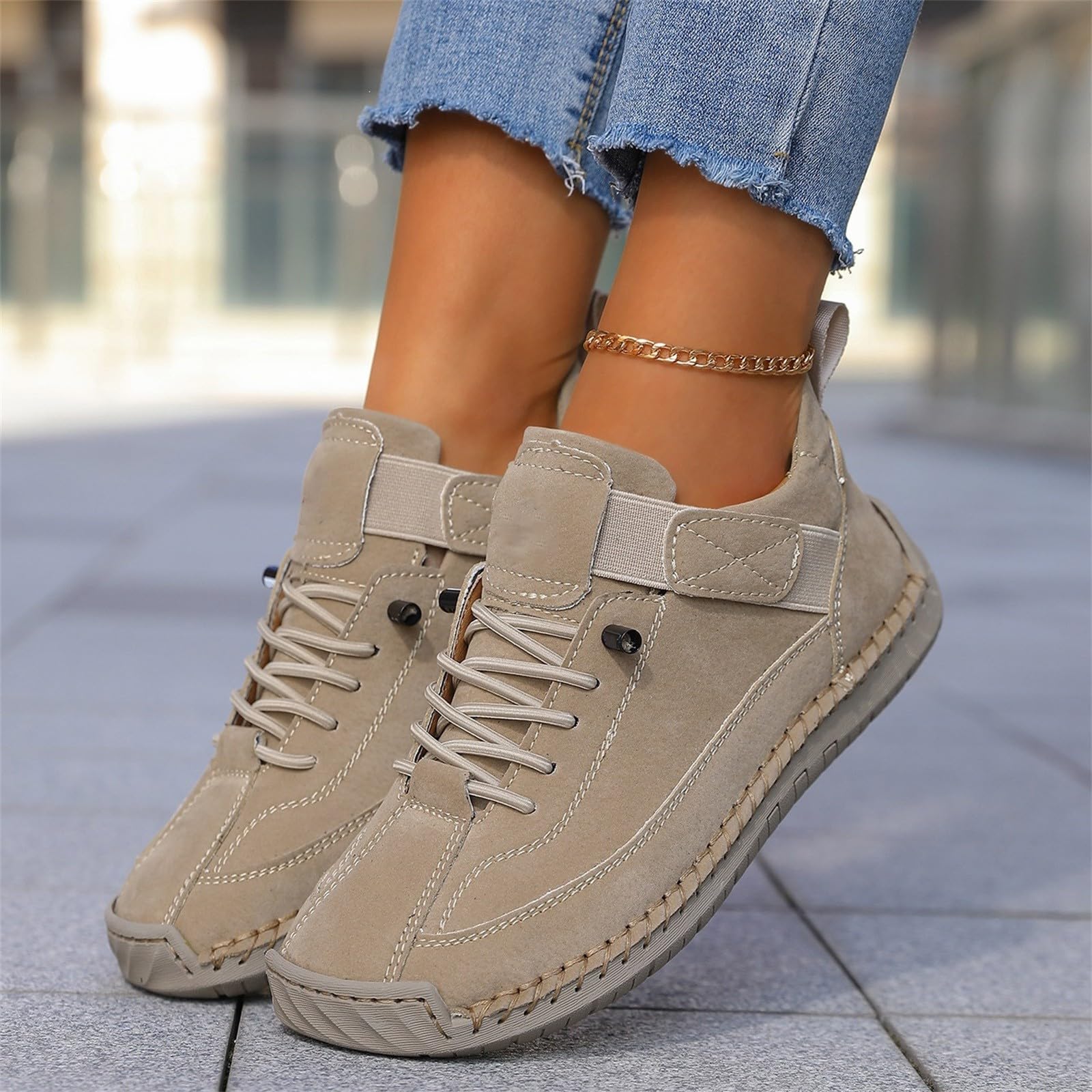 Zapatos casuales de ajuste ancho para mujer, ligeros, cómodos, planos, beige, 39 EU