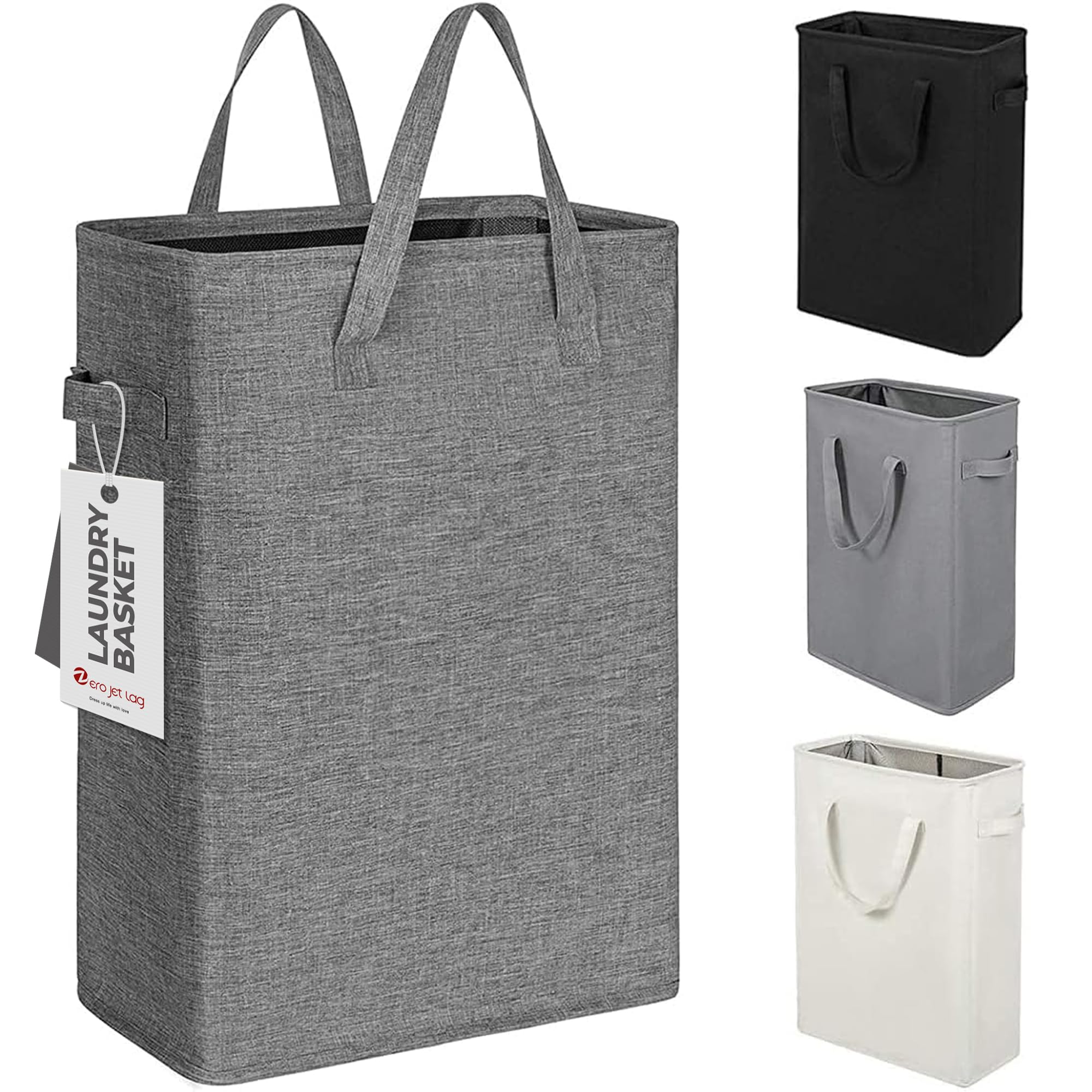 ZERO JET LAG Slim Laundry Hamper With Handles Collapsible Laundry Basket Thin Dirty Clothes Basket Narrow Laundry Bag Foldable Dirty Cloth Hamper 45L (23 inches,Dark Grey)
