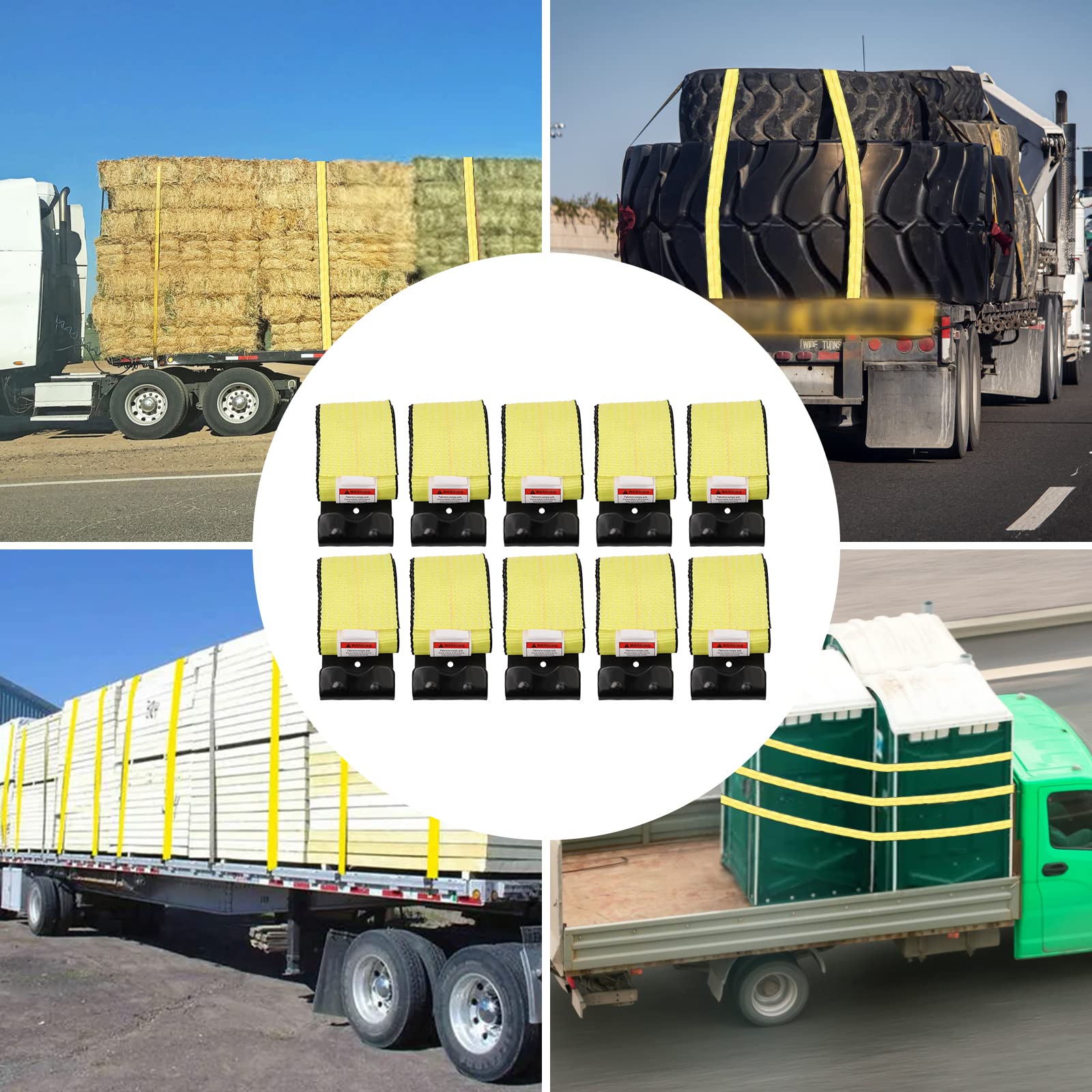 10-teilige Spanngurte mit Bruchkraft 7983.23kg Belastbarkeit 3991.61kg & Hebelastkapazität 453.6kg,Ratschengurte Zurrgurte aus Polyester mit Flachhaken für LKW-Anhänger Bootstransport (10cmx1.5m,Gelb)