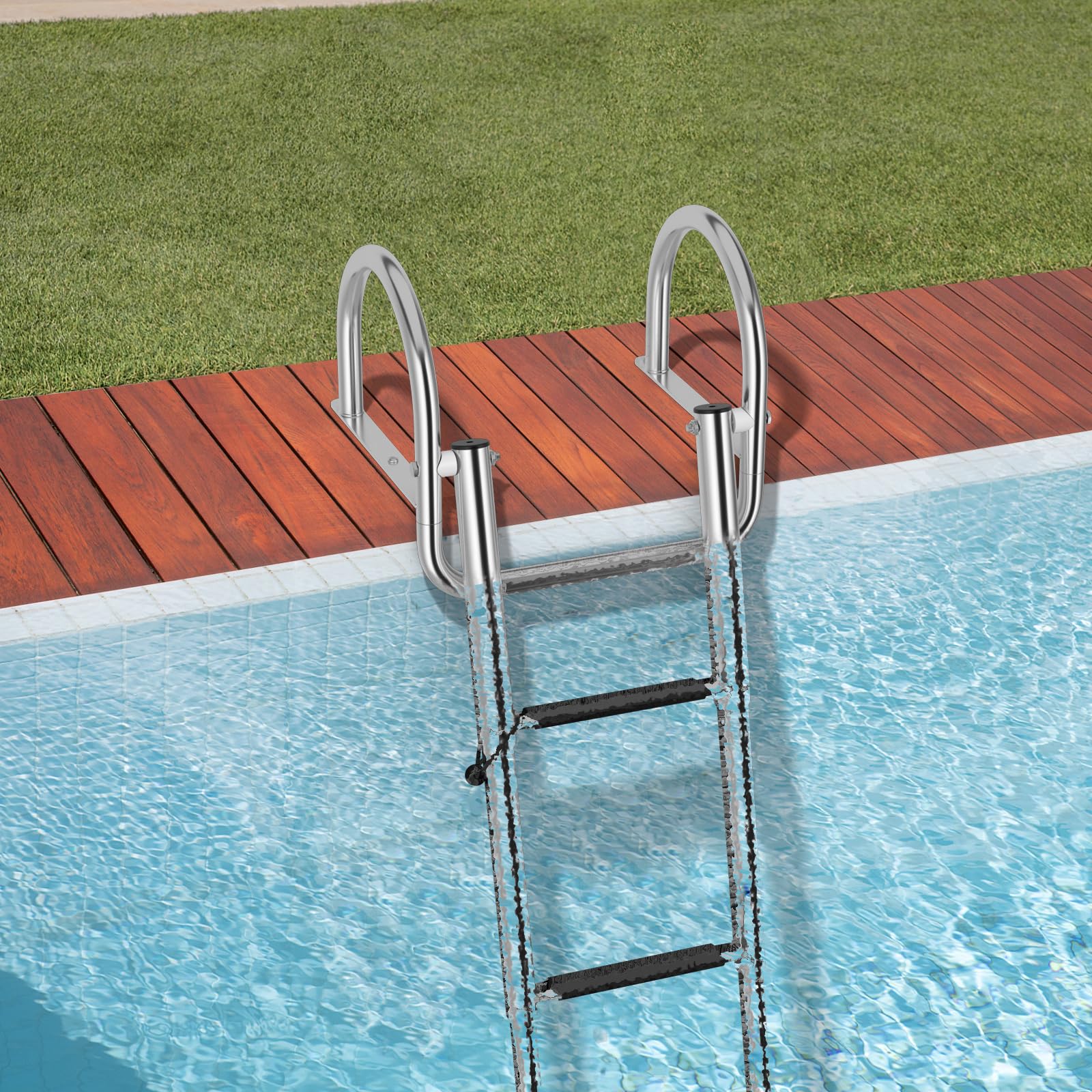 COSTWAY Poolleiter mit 4 Stufen, klappbare Teleskop-Badeleiter mit Handlauf & rutschfesten Stufen, Edelstahl Bootleiter, Schwimmbadleiter bis 227 kg belastbar