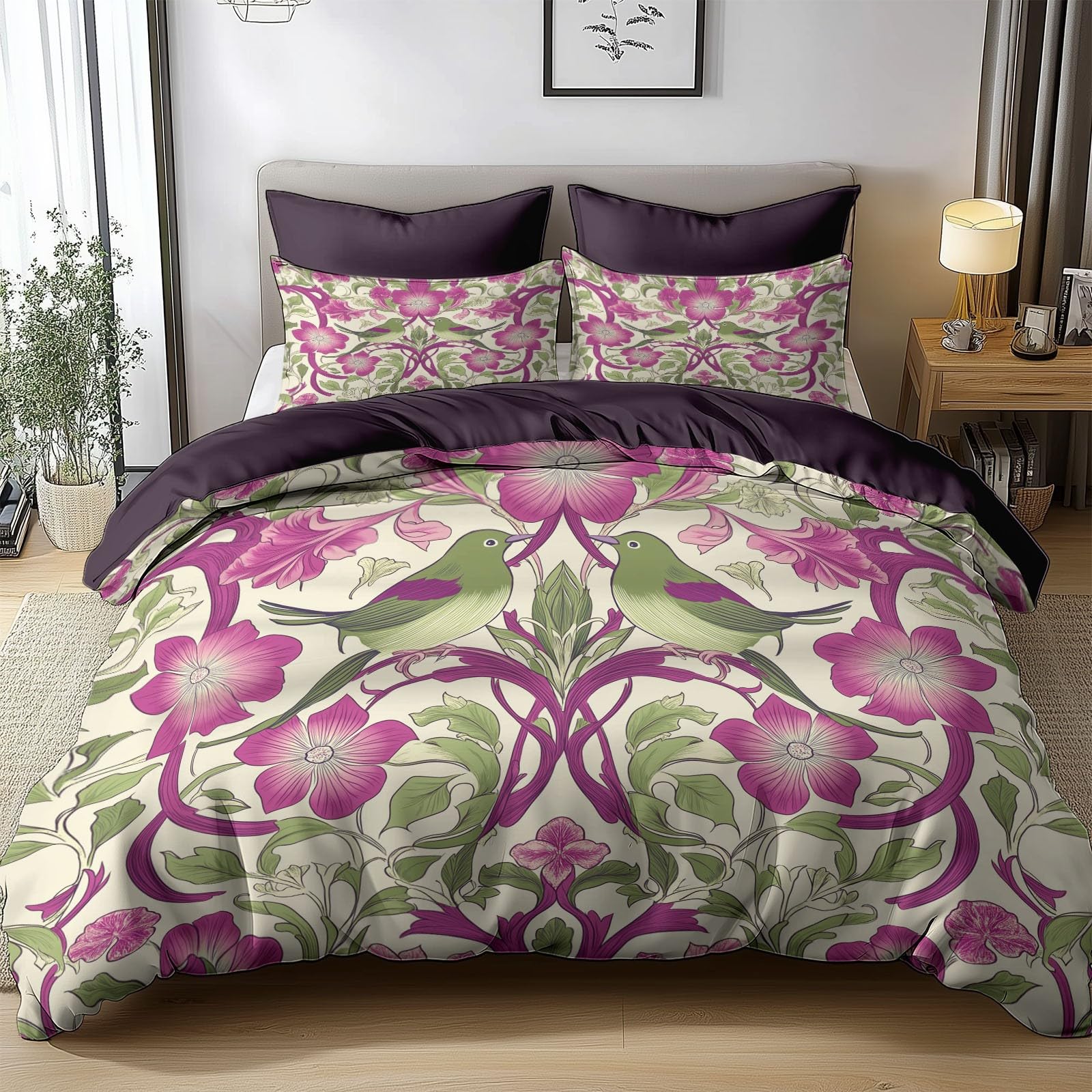 William Morris Birds Flowers 3D Printed Duvet Cover Reversible Printed Bedding Set 200x200cm Microfiber Quilt Cover 3 Pcs,Soft Microfiber with Zipper Closure with Pillow Cases for Kids Adults