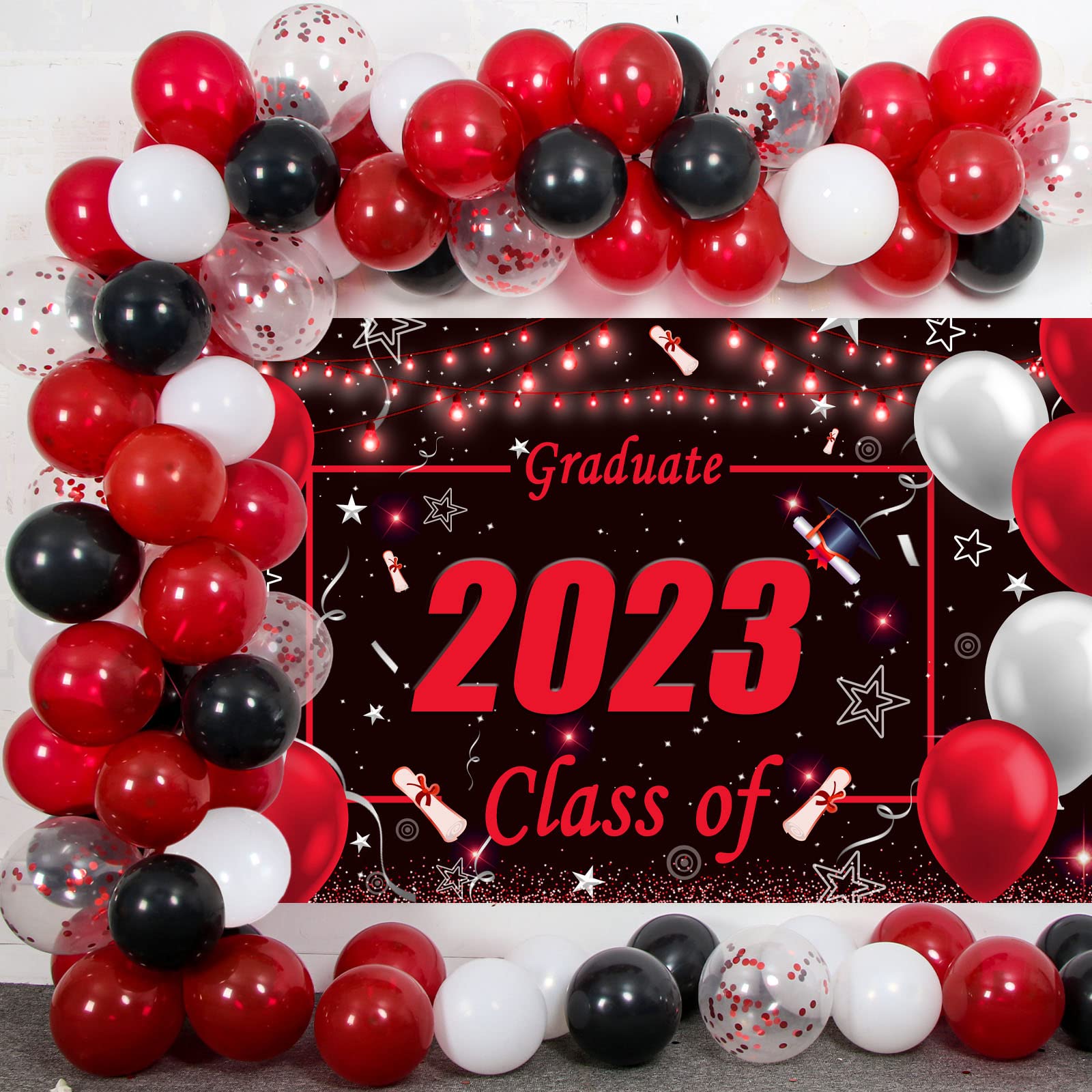 Graduation Decorations Class of 2023, Red Black Graduation Party Decor 2023 Grad Balloons Arch Backdrop Supplies for Primary High School College Graduation Celebration