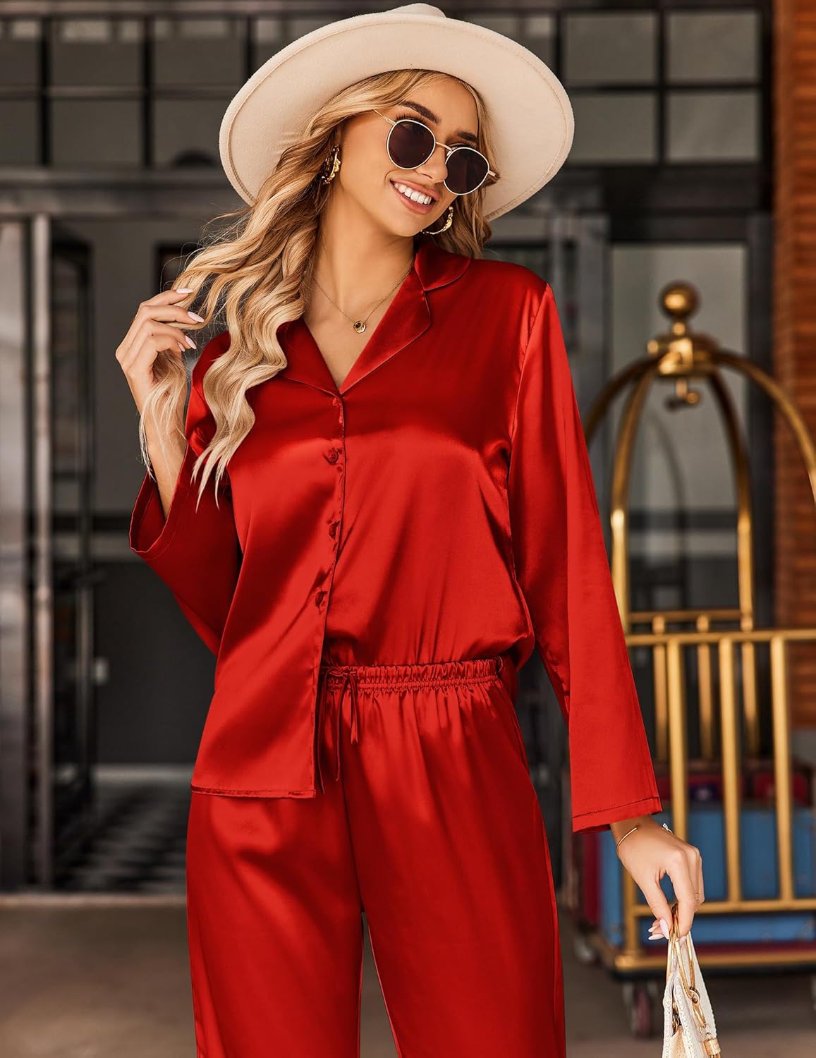 Ekouaer Silk Satin Pajamas Set Womens Long Sleepwear Button Down 2 Piece Classic Soft Loungewear Pjs Set - Image 3