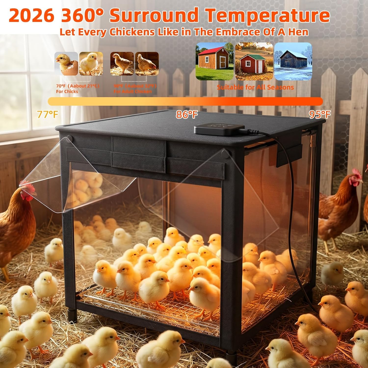 Brooder Box for Chicks, Upgrade Chicken Brooder Box with Adjustable Temp (77~95℉) & 9H Timer, Removable Feeder, Waterer, 10S Rapid Brooder Heating Plate, 200W Poultry Coop Heater Fits Ducks, Quails
