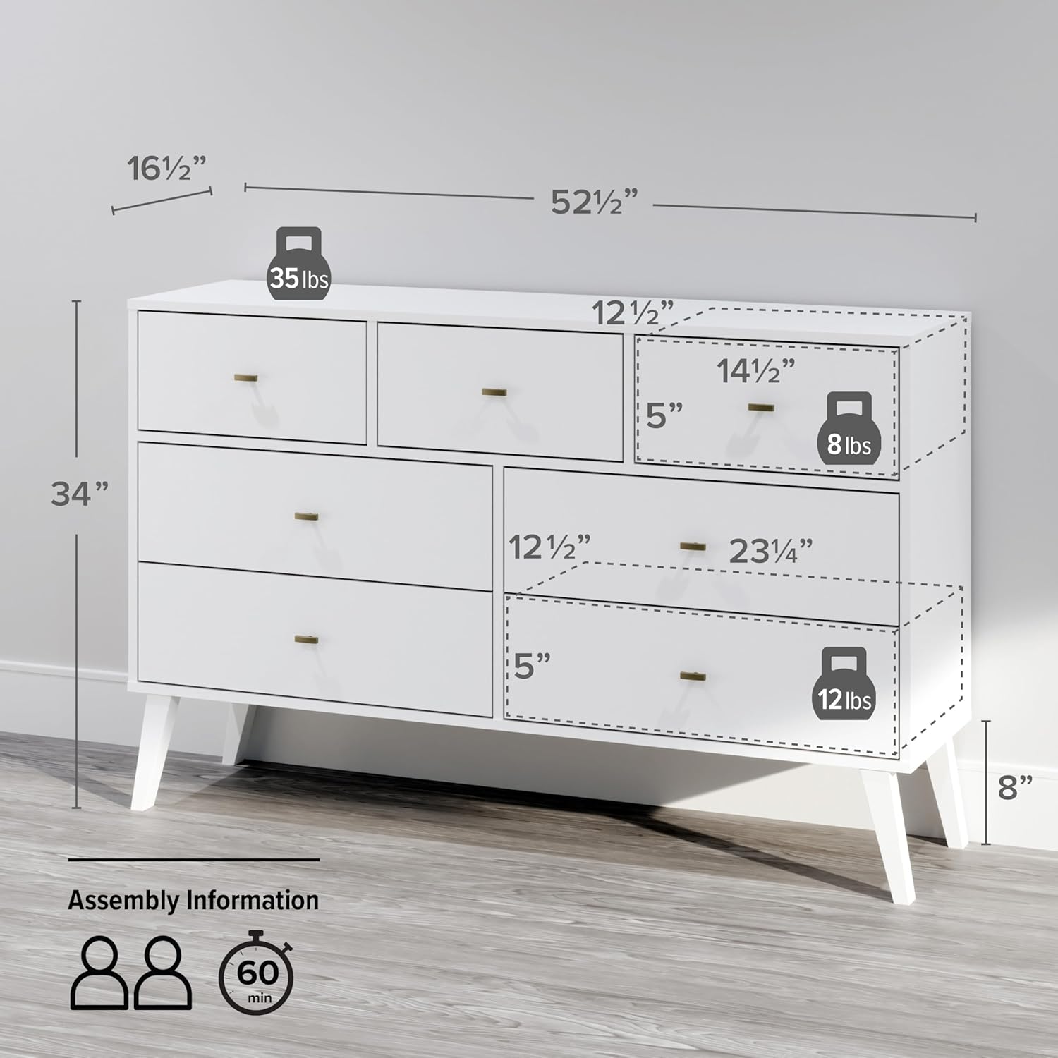 White Mid-Century Modern Double Dresser with Brass Knobs