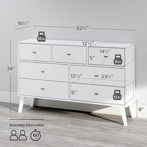Miniatura 3 de Prepac Milo Mid-Century Modern 7 Drawer Double Dresser for Bedroom, Wide Chest of Drawers, Contemporary Bedroom Furniture, 16" D x 52.5" W x 33.75"