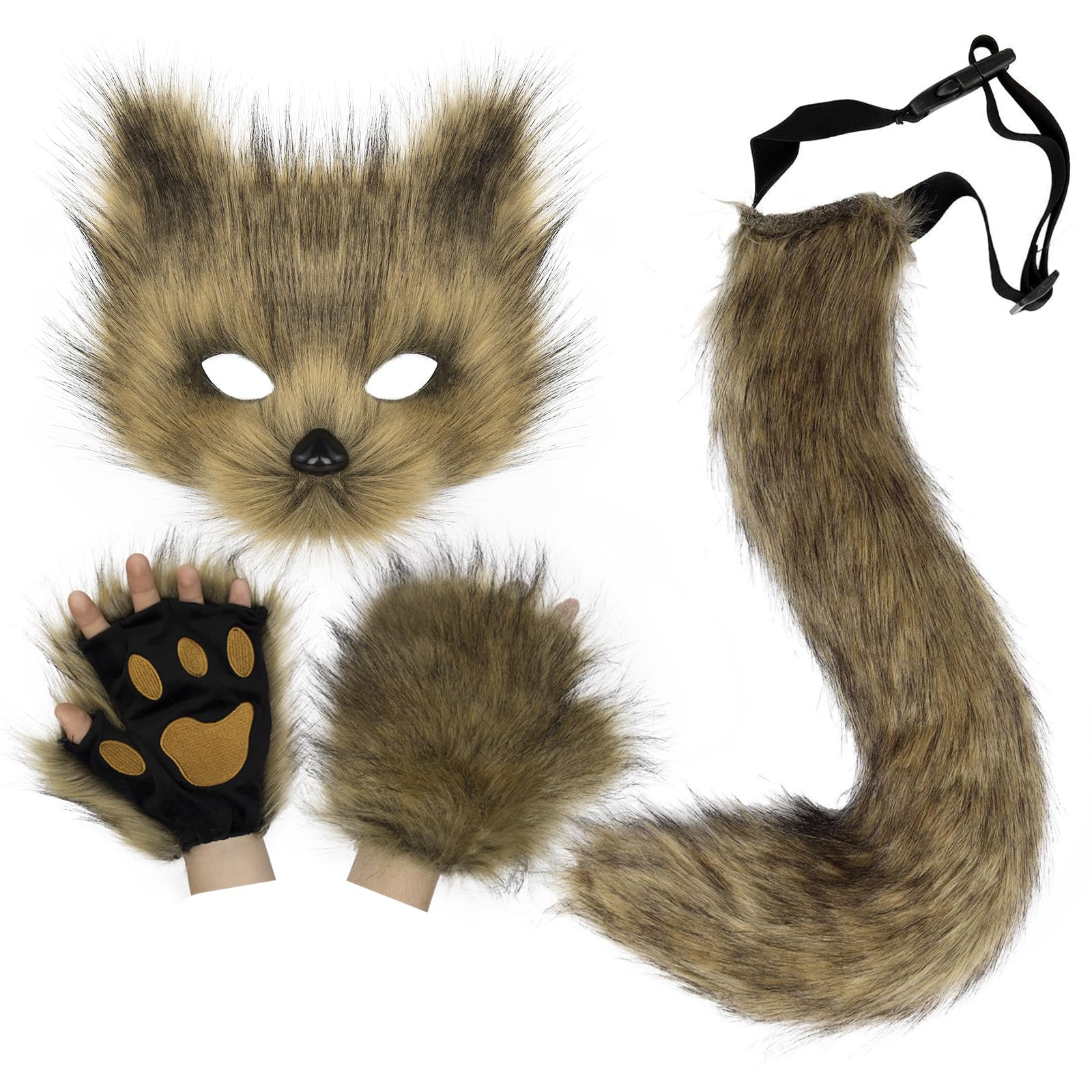 HAOAN Furry Fox Mask Wolf Fox Tail and Paw Gloves Set Adult Cat Halloween Mask Animal Party Costume