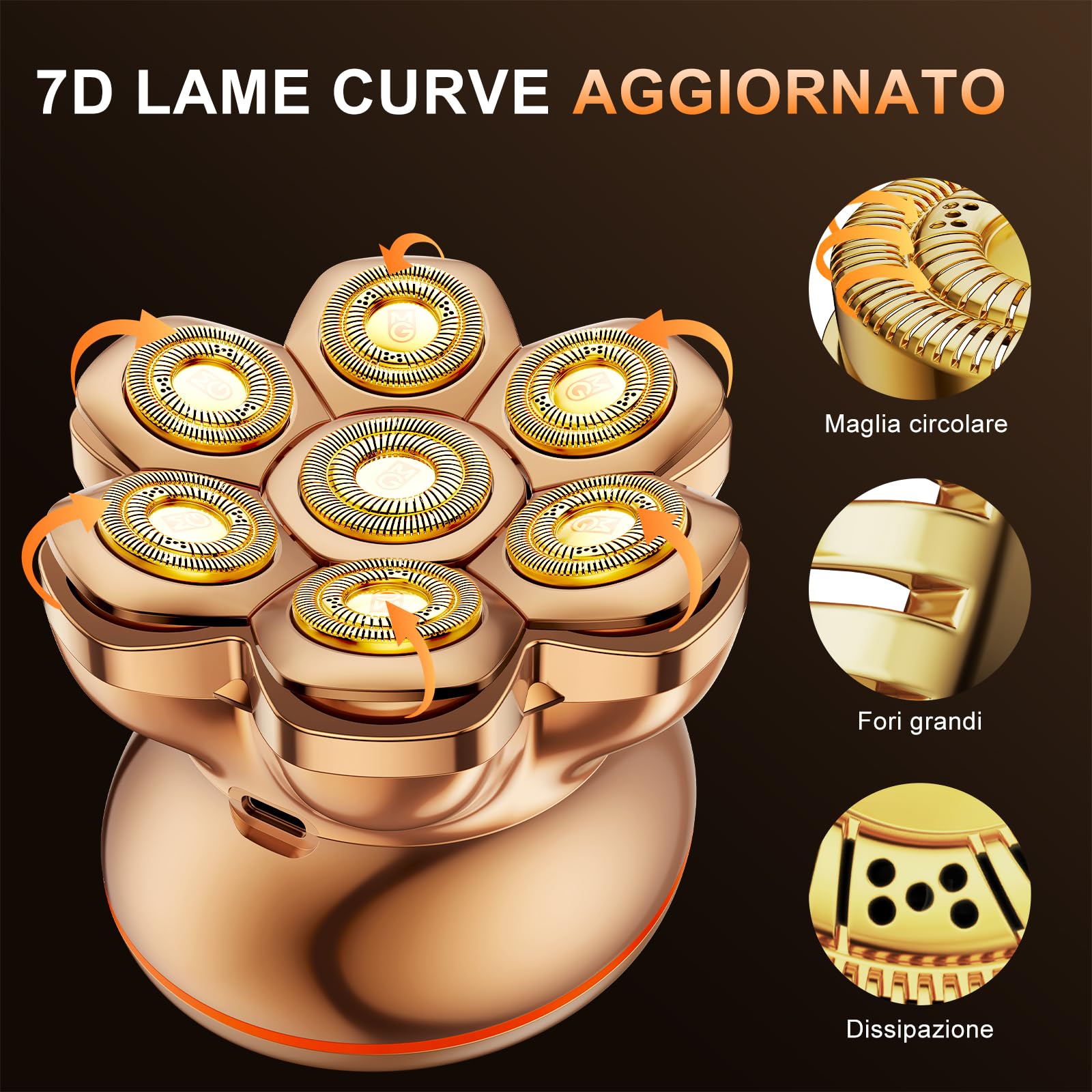 MAXGROOM 7D Rasoio Testa Calva 2 Velocità 7000RPM & 6600RPM, 2026 Rasoio Elettrico Capelli Uomo Rasa Capelli Uomo a Zero Assoluto, Shaver Capelli, Regalo per Papà e Marito (Oro)