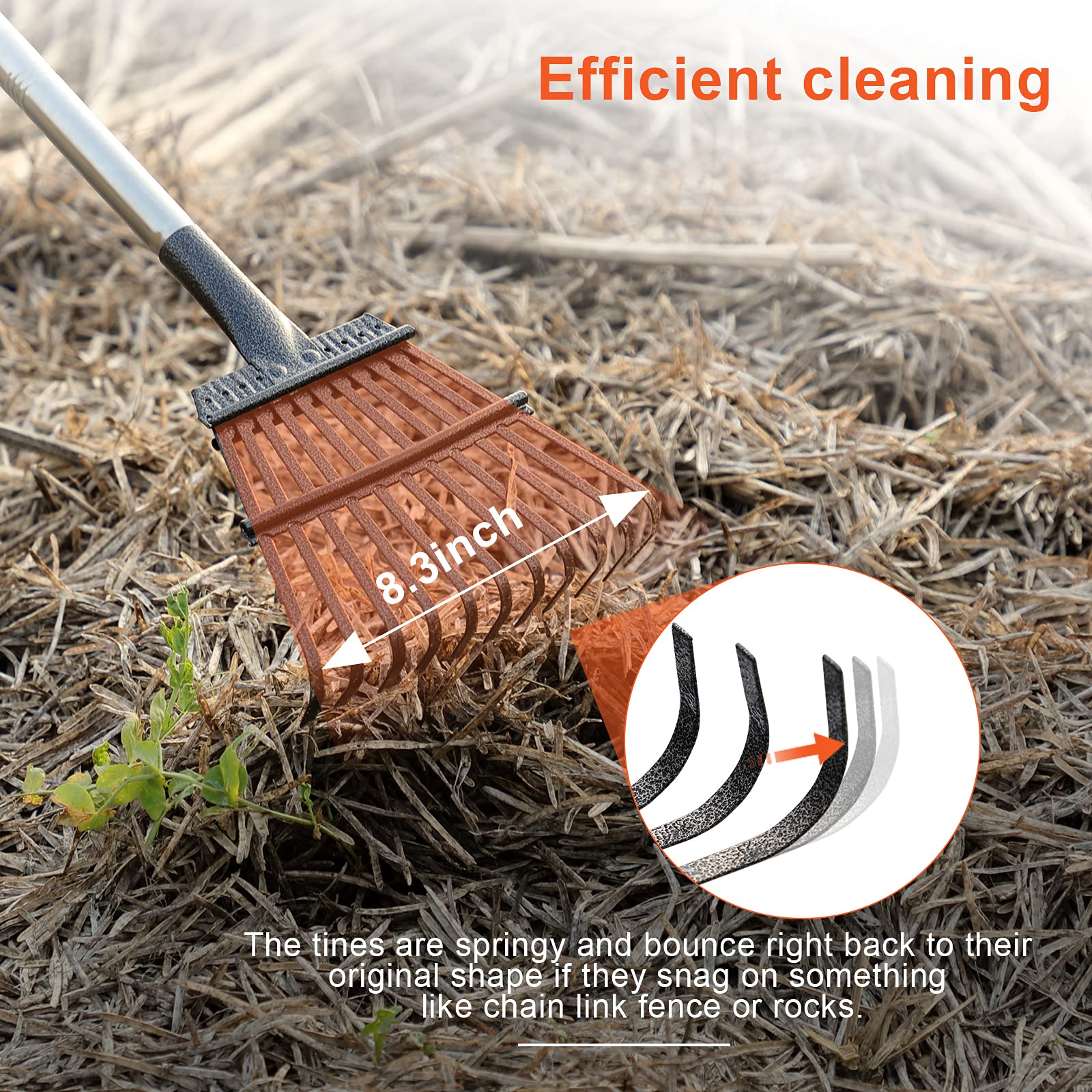 HOSKO 74 Inch Leaf Rake, 11 Tines Garden Rakes with Adjustable Sectional Handle for Quick Clean Up of Lawns, Garden, Farm, Pasture, Yard and Chicken Coop