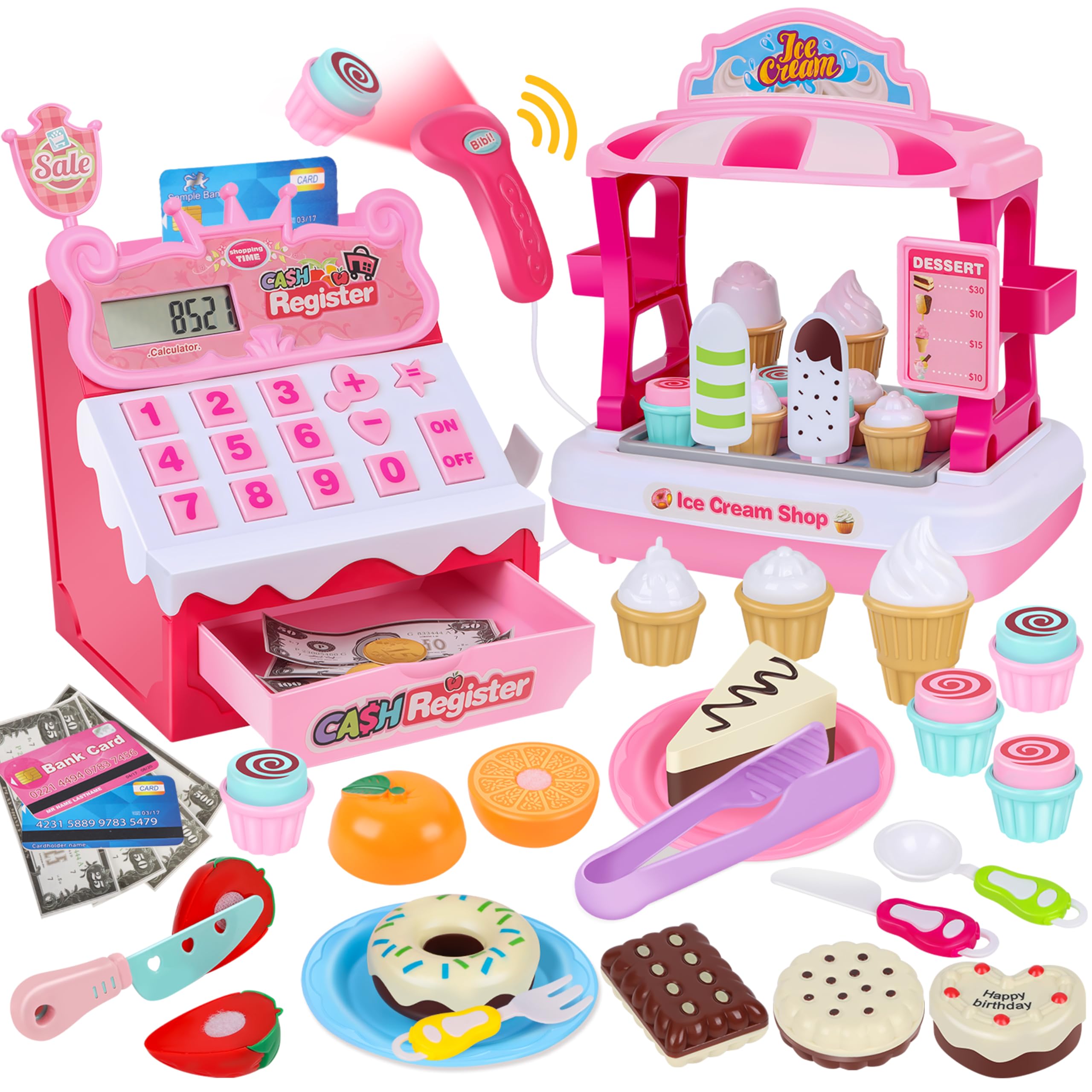 Charmofun Gelateria Giocattolo per Bambini - Incl. 48 Accessori (15 Gelati, 5 Torte, 7 Posate, Soldi Finti Ecc.), Cassa Negozio per Giochi di Ruolo, Cassa Giocattolo per Bambini Dai 3+ Anni