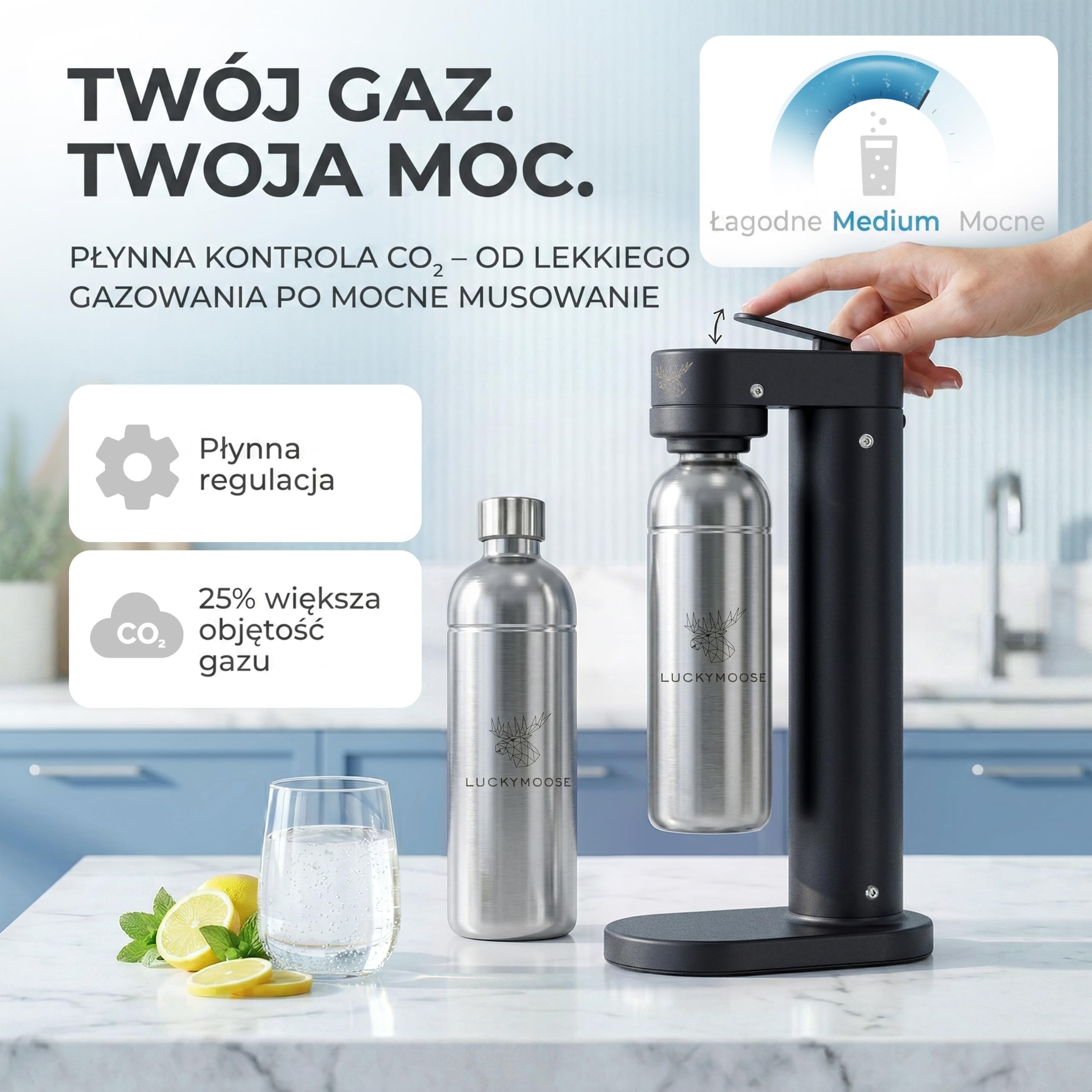 Luckymoose Infinity-S Saturator z wysokiej jakości stali nierdzewnej (Black/Silver) – w zestawie 2x butelki stalowe 1,25L – wyjątkowo higieniczna wyjmowana dysza – Trwała maszyna do wody gazowanej CO₂