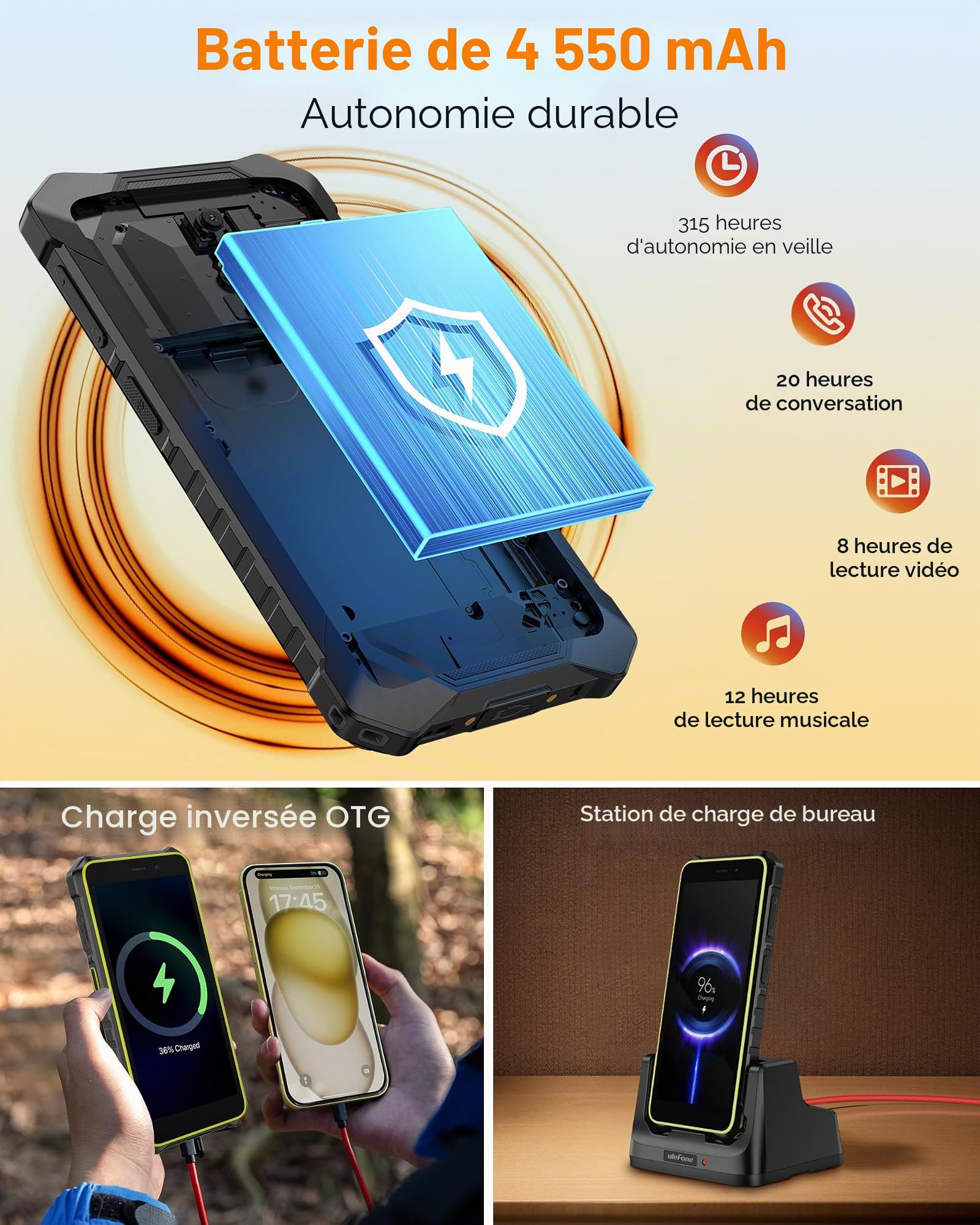 Ulefone RUGKING 2 Pro Téléphone incassable Android 16, Octa-Core 8Go+64Go/TF-2To, 5.45'' Corning Glas, AI Smartphone Robustes 4550mAh, 13MP, Telephone de Chantier 4G Dual Sim/NFC/IP68/OTG/GPS - Noir