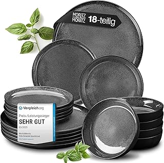 Moritz & Moritz VIDA Crockery Set for 6 People, Anthracite, 18 Pieces, Modern Porcelain Crockery Set, Scratch, Microwave and Dishwasher Safe, Dining Set, Dinner Service, Crockery Service for 6 People