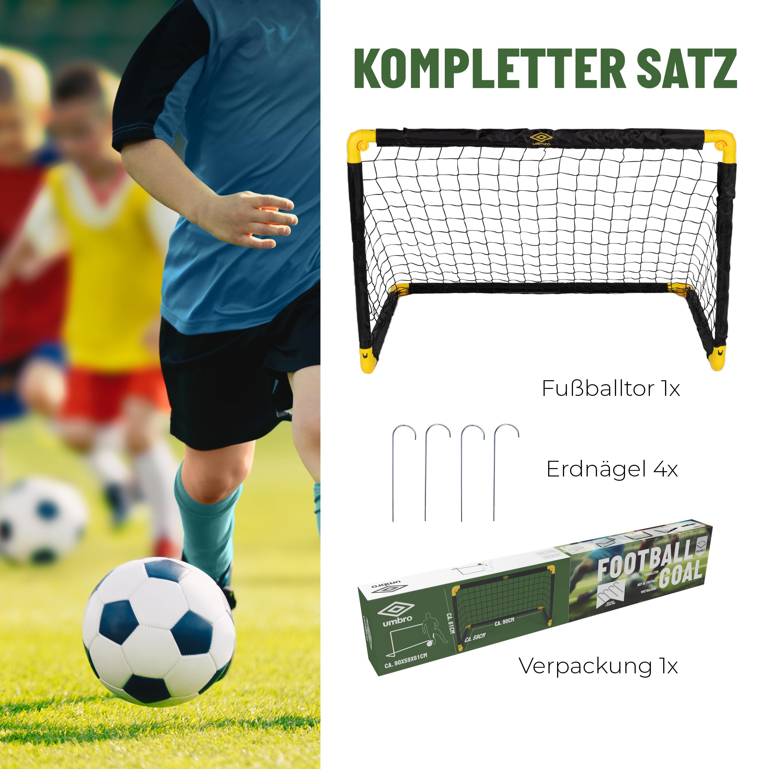 Umbro Fußballtor - Fussballtor 90 x 59 x 61 cm - Faltbares fußball Tor - Fussballtore für Garten Kinder und Erwachsene - Fussball Trainingszubehör für Innen und Außen - Metall - Schwarz/Gelb
