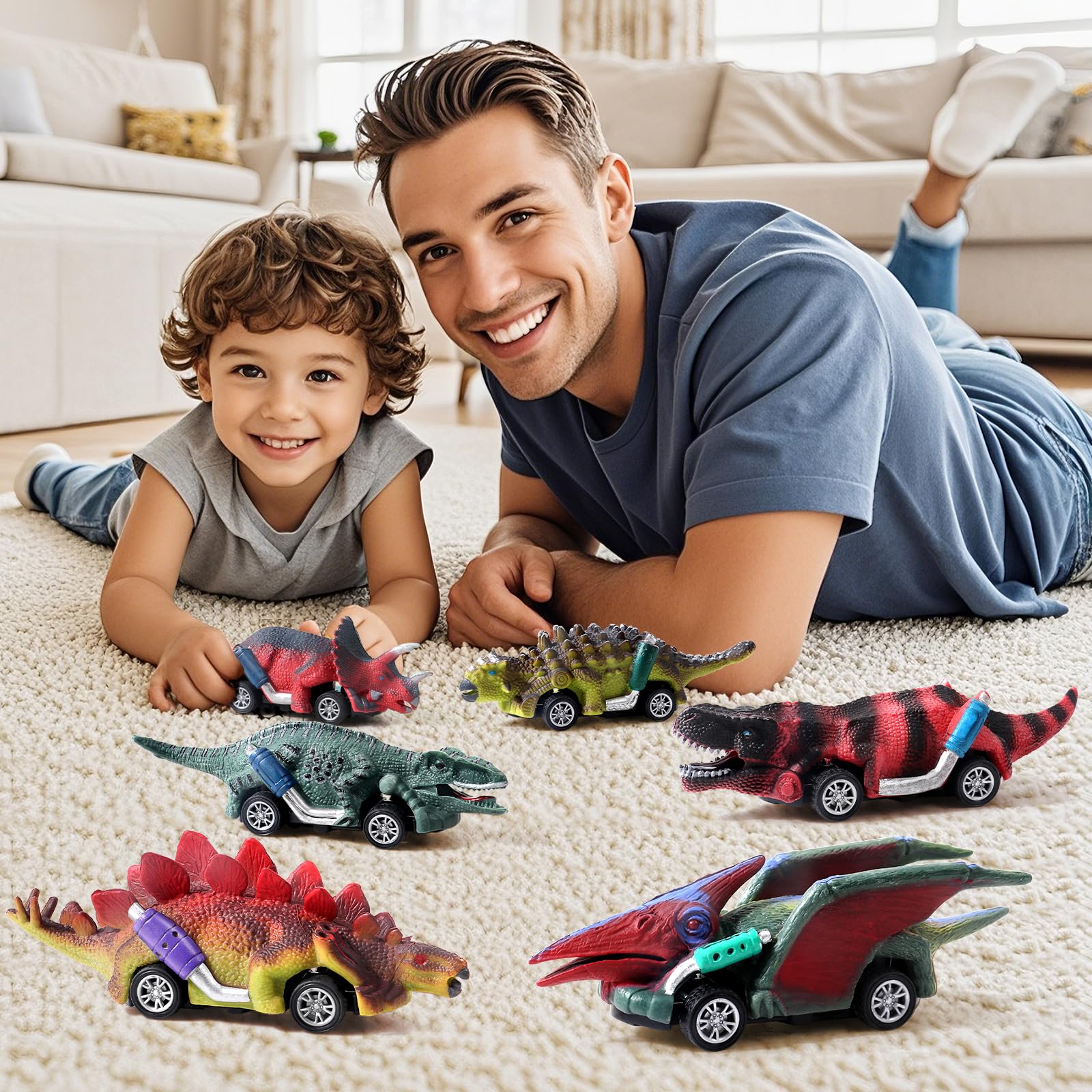 AIQI Dinosauro Macchinine Giocattoli per Bambini, 6 Pezzi Dinosauro Giocattolo Tirare Indietro Auto, Auto Pull Back con Dinosauri Giocattolo Regali per Ragazzi Ragazze di 3 4 5 6 7 8 Anni