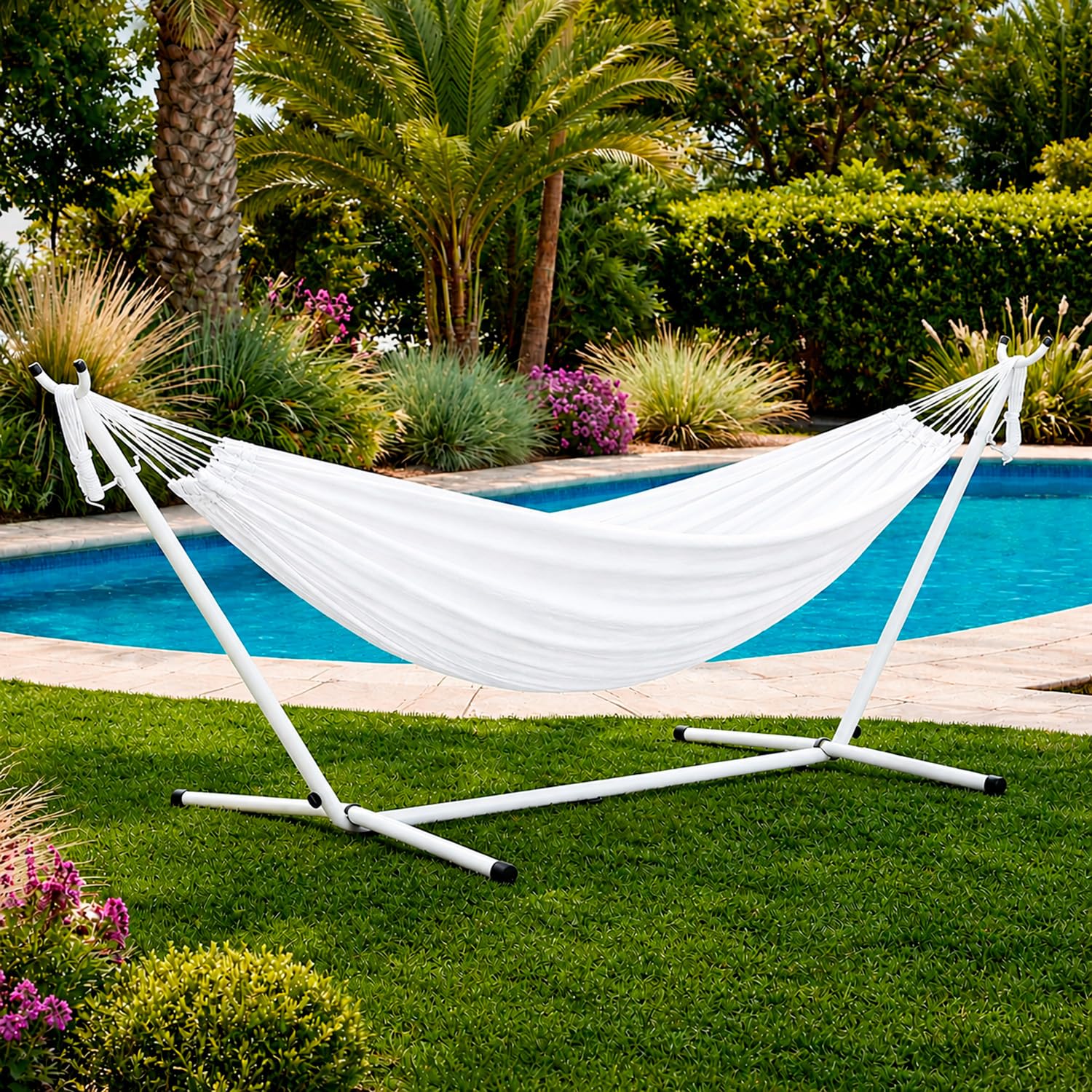 Amaca Da Giardino Con Supporto In Acciaio Portata 200 Kg Altezza Regolabile Telo Cotone Resistente Amaca Brasiliana Esterno Terrazzo Piscina Balcone Con Borsa 265 x 110 x 100 Cm Bianco