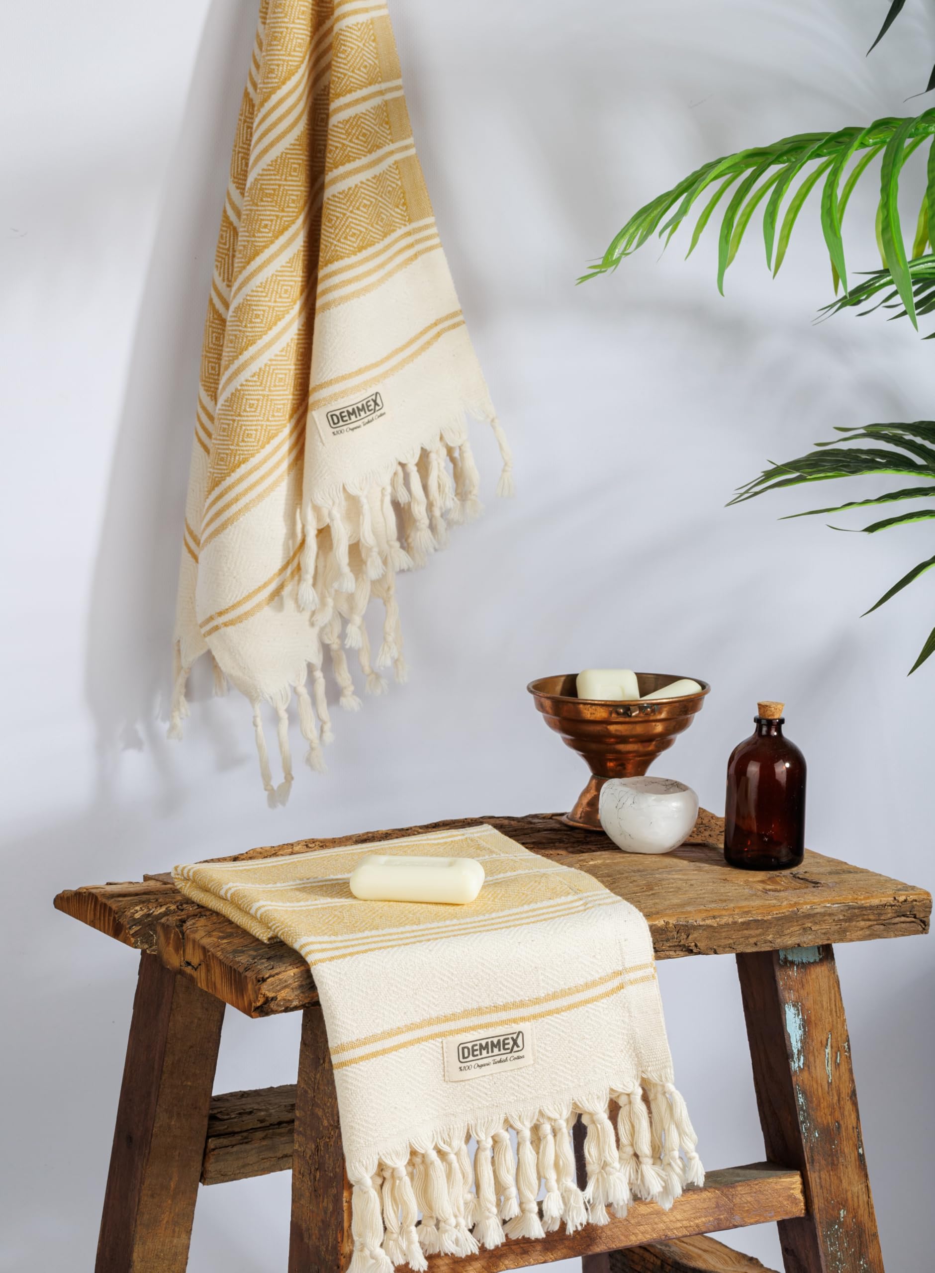DEMMEX, Juego de 2 toallas de mano turcas orgánicas para baño, 100 % algodón turco certificado Oeko-TEX, de secado rápido, ligeras, de cocina y viaje, tejido de diamante, grande, 46 x 92 cm, Mostaza