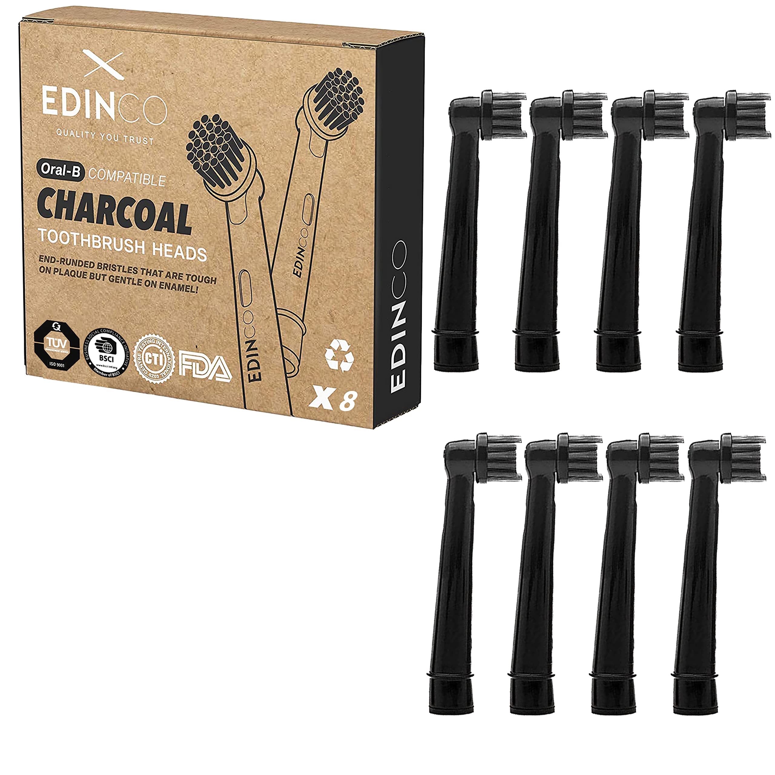 Edinco Recyclable Charcoal Toothbrush Heads for Oral B (4/8 Pack) Black, 8 count (Pack of 1)