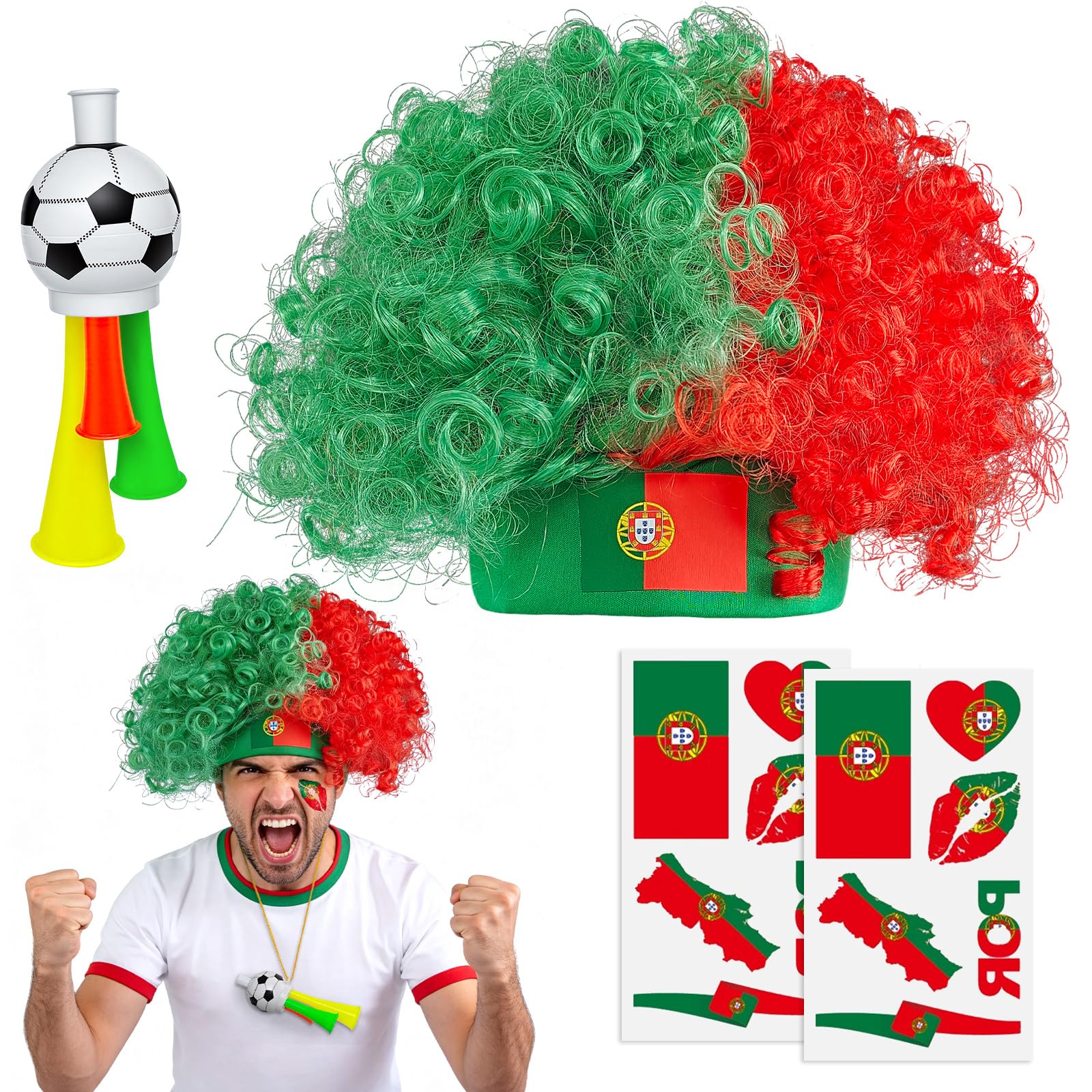 2026 Soccer Fan Gear Set – France Flag Clown Wig, Temporary Tattoos & Loud Horn – Cheer Accessories for International Football Matches, Stadium Parties & Global Tournament Celebrations — view 12
