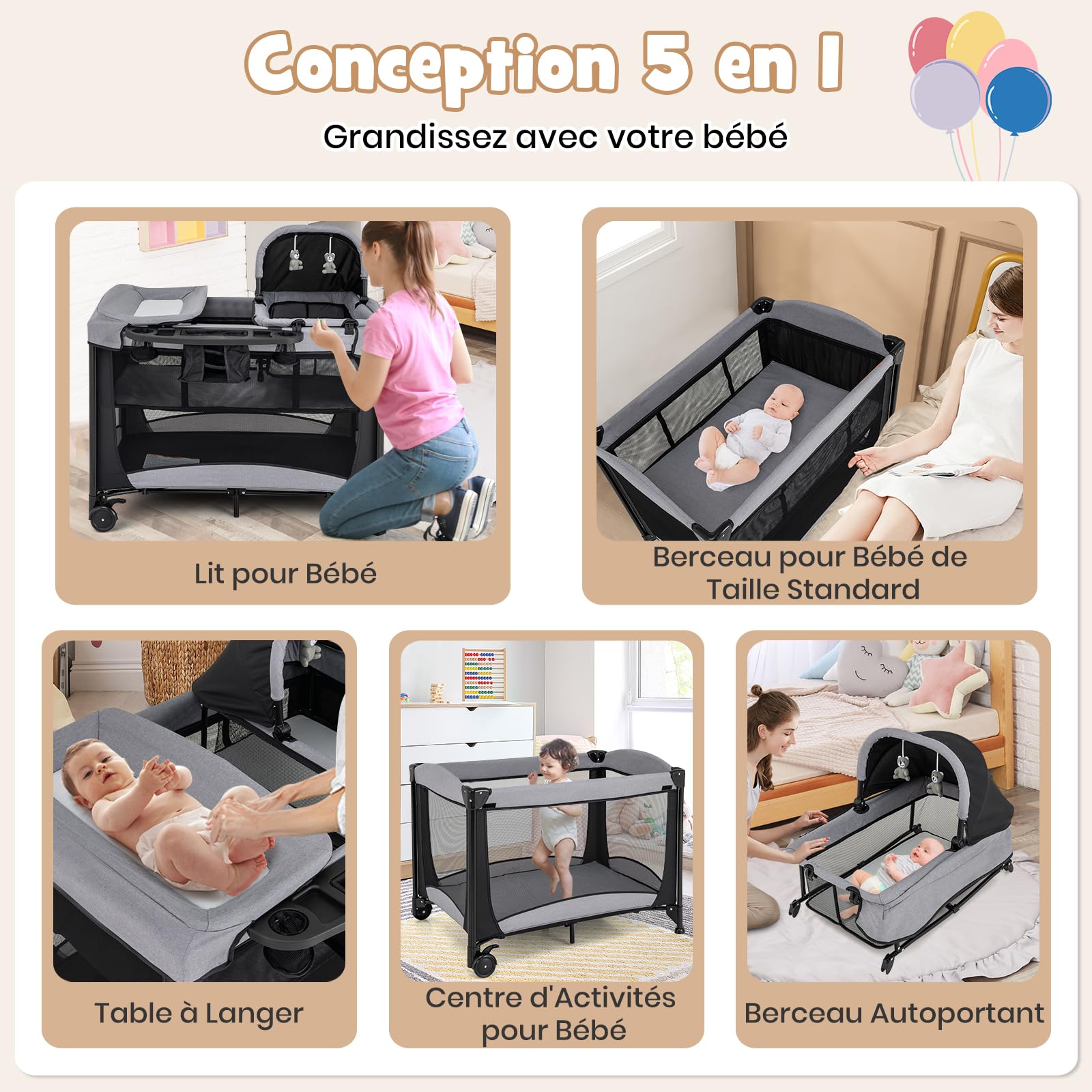 COSTWAY 5 en 1 Lit Parapluie Bébé avec Matelas & Table à Langer, Lit Bébé Evolutif avec Berceau Amovible & 2 Jouets, 2 Roues avec Frein, Sac de Transport, 110x78cm, Charge 10kg pour 0-3 Ans