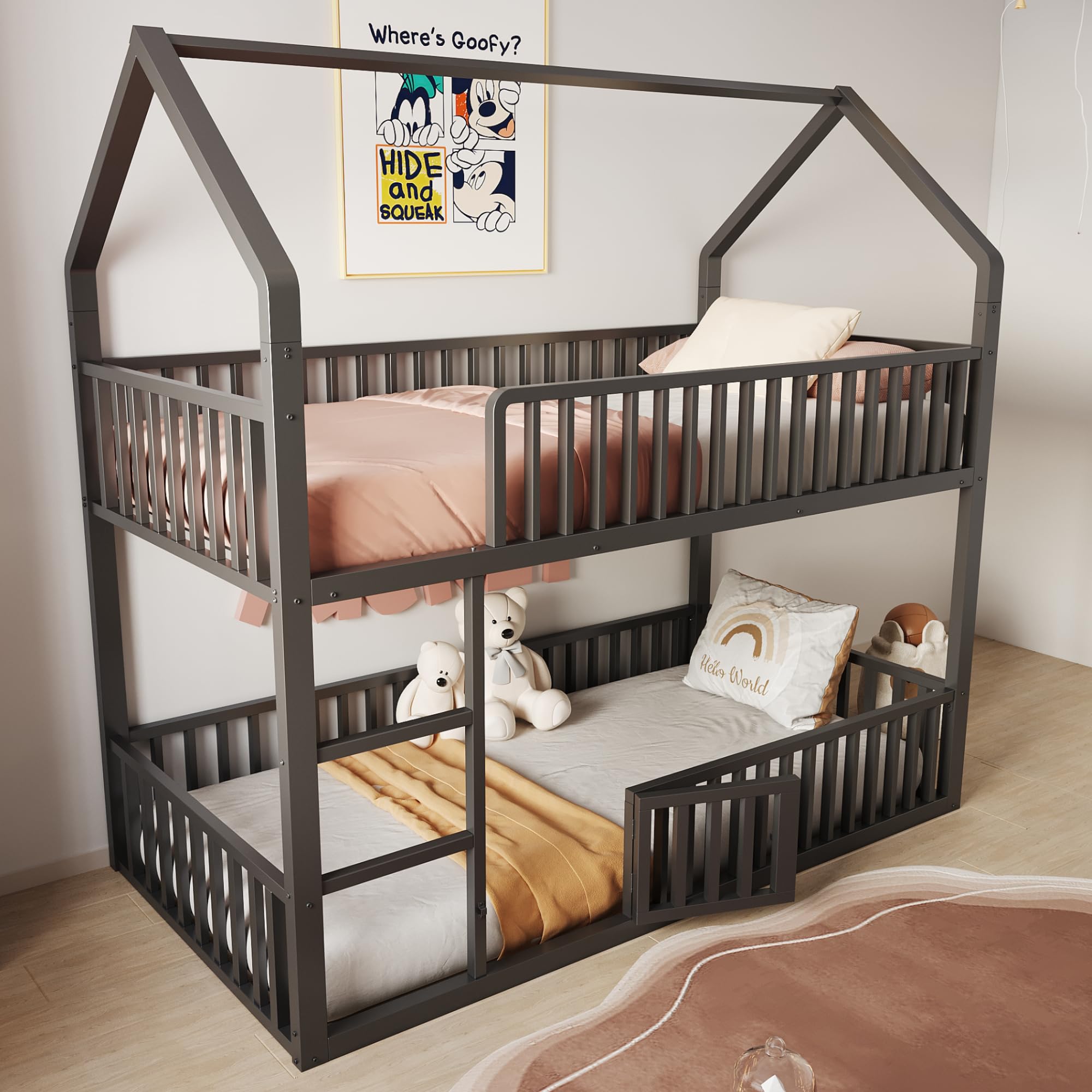 Letto a castello per bambini a forma di casa 90x200 per 2 bambini, lettino in metallo con scala e griglia di sicurezza, letto inferiore con porta piccola per aprire e chiudere (nero, 90x200)