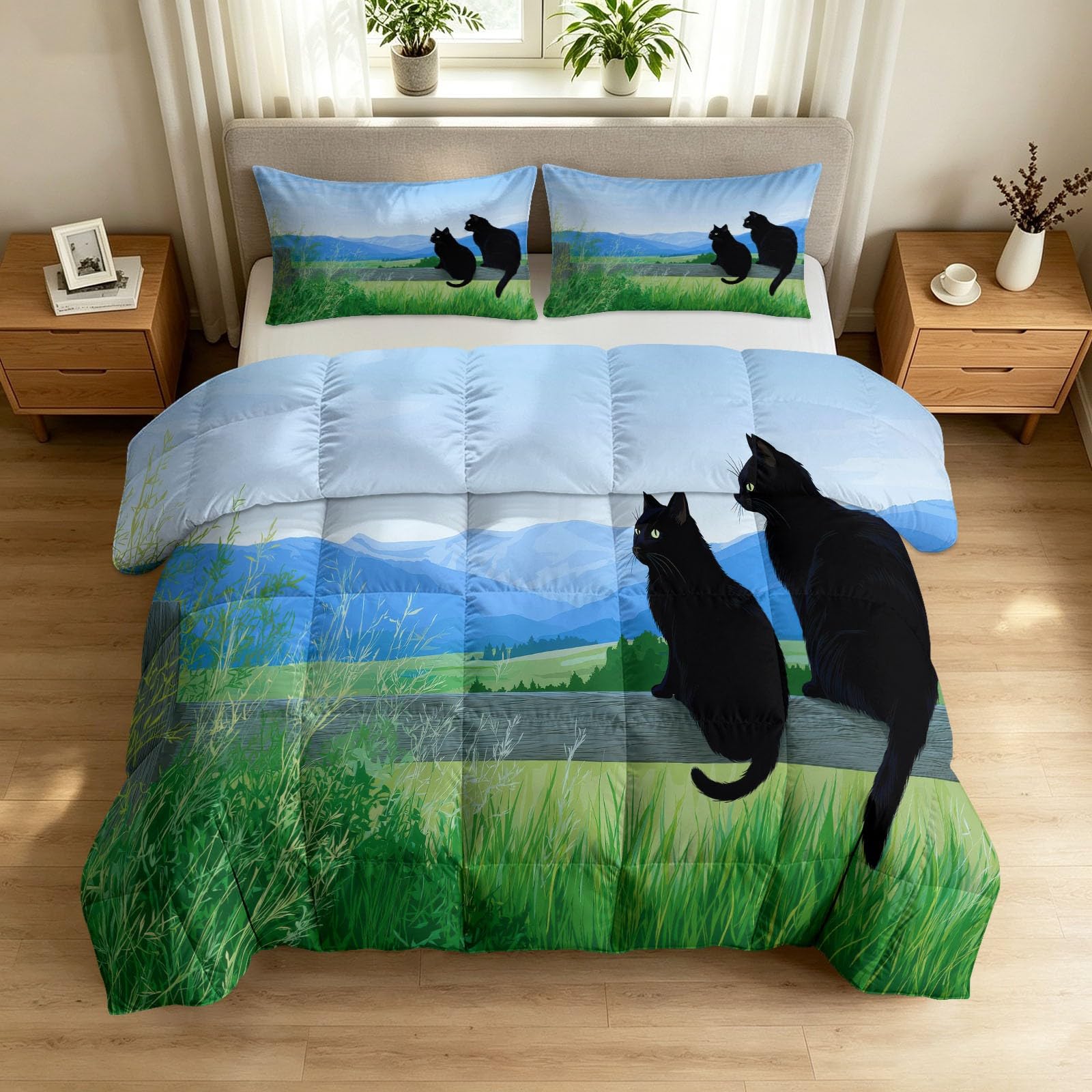 Kołdra 240 x 260 cm, na 4 pory roku, minimalistyczny, rustykalny design, nadaje się do prania, bez poszewki na poduszkę, motyw łąki, czarny kot, góry, przyjazna dla skóry i wygodna, całoroczna kołdra