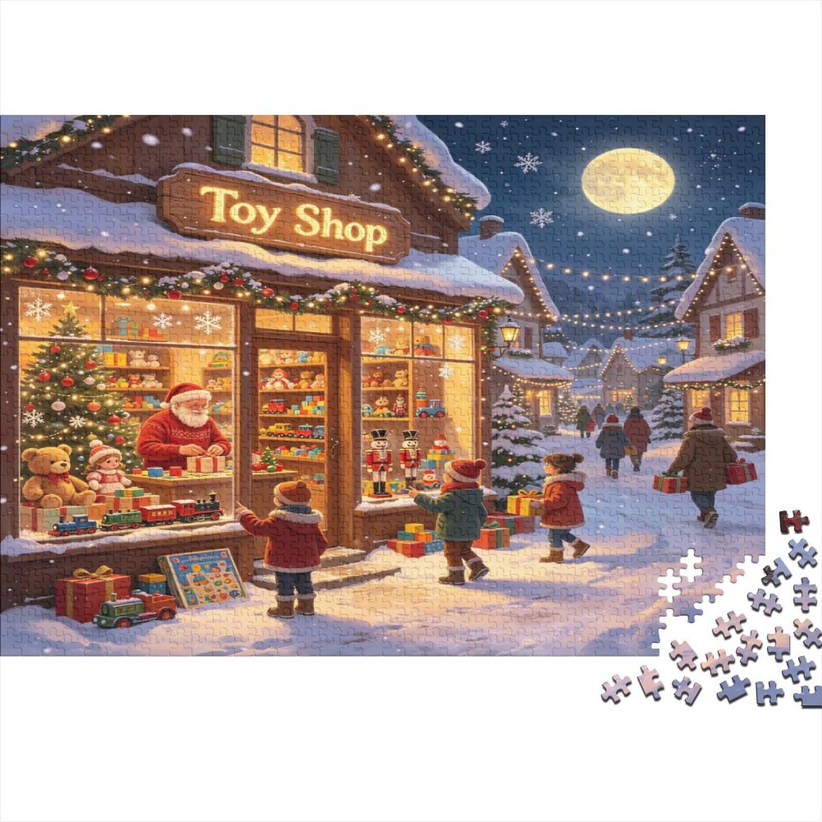 Vintage Toy Shop 1000 Piece Jigsaw Puzzle Adult Paper Puzzle Winter Night Village Scene Family Interaction Stress Relief Gift 52x38cm/1000pcs