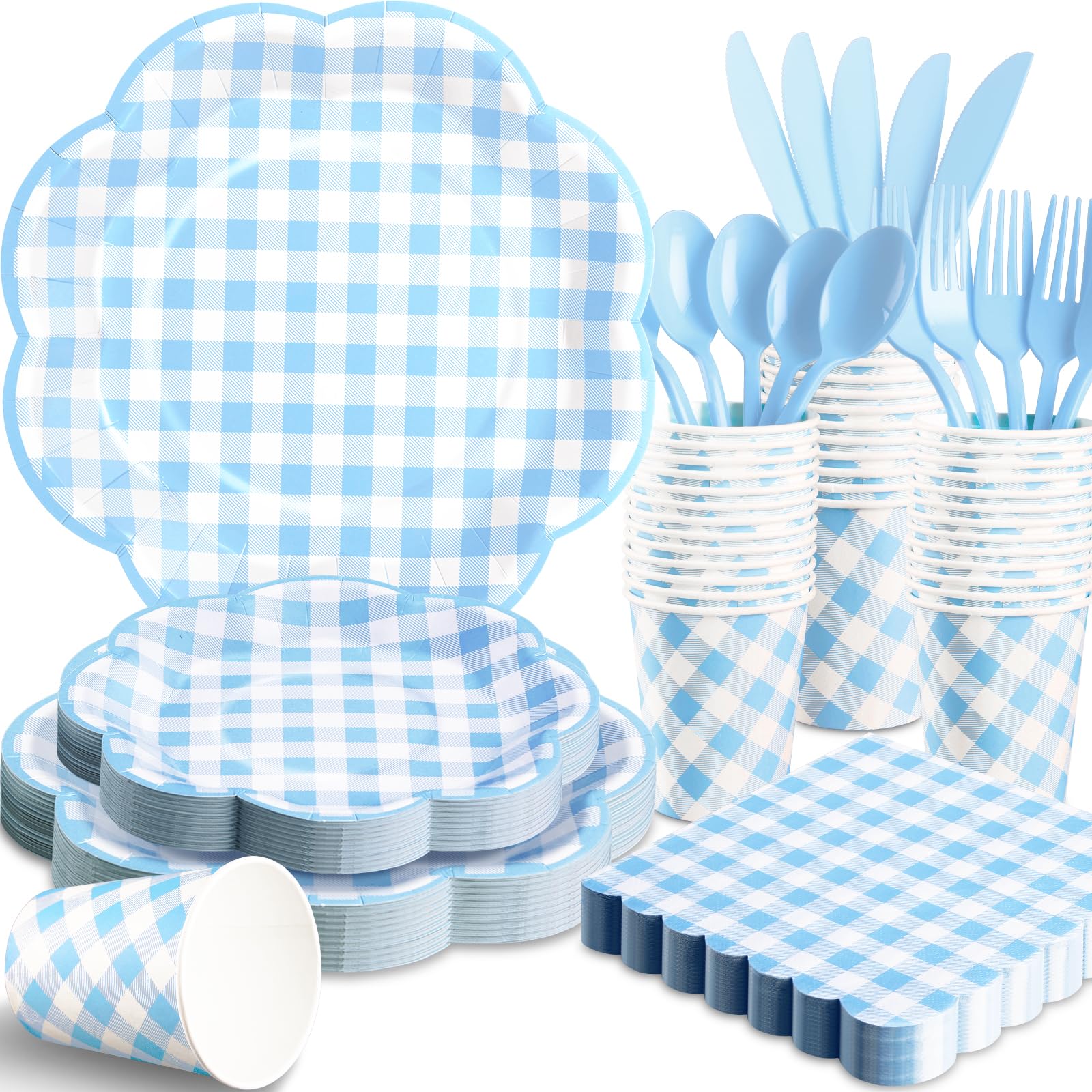 175 Pcs Blue Gingham Plates and Napkins Party Supplies - Blue and White Checkered Plates Sets Serve 25 Guests - Scalloped Gingham Paper Plate for