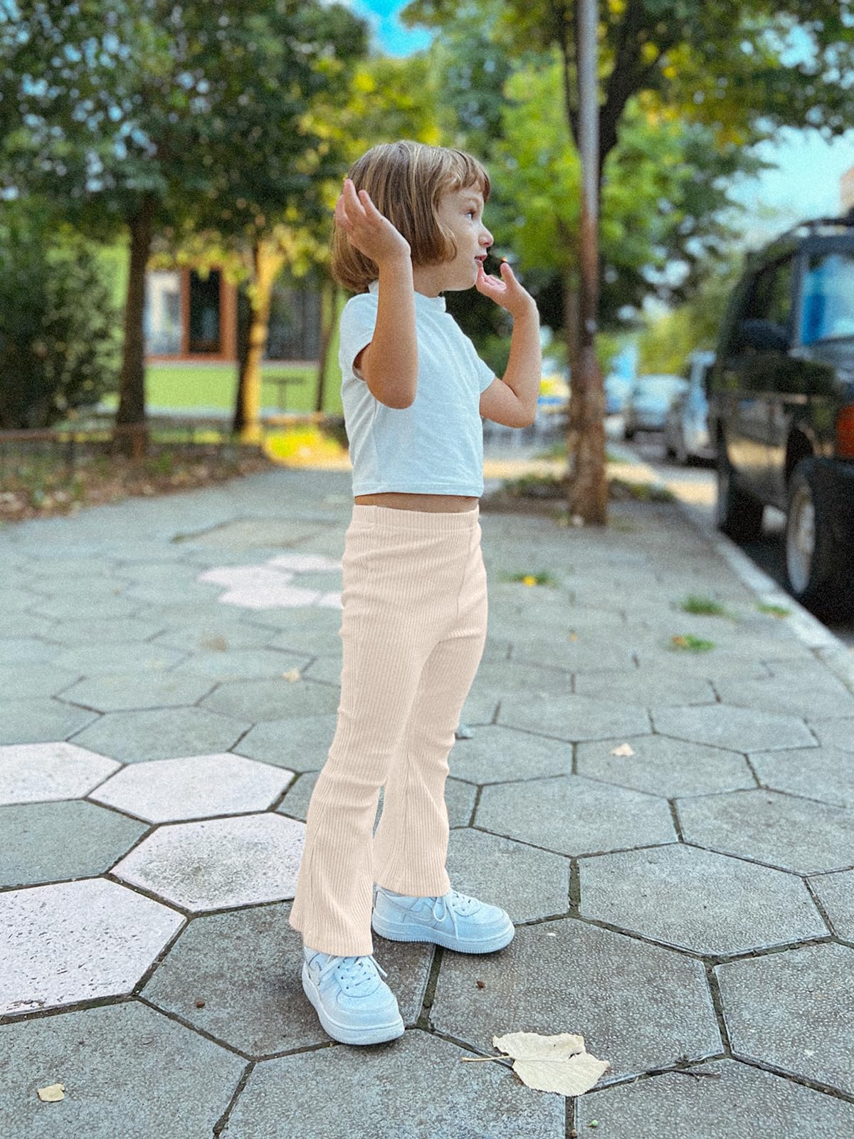 Miipat - Pantaloni svasati per bambina, confezione da 3 pezzi, con volant, svasati, in cotone e vita elastica